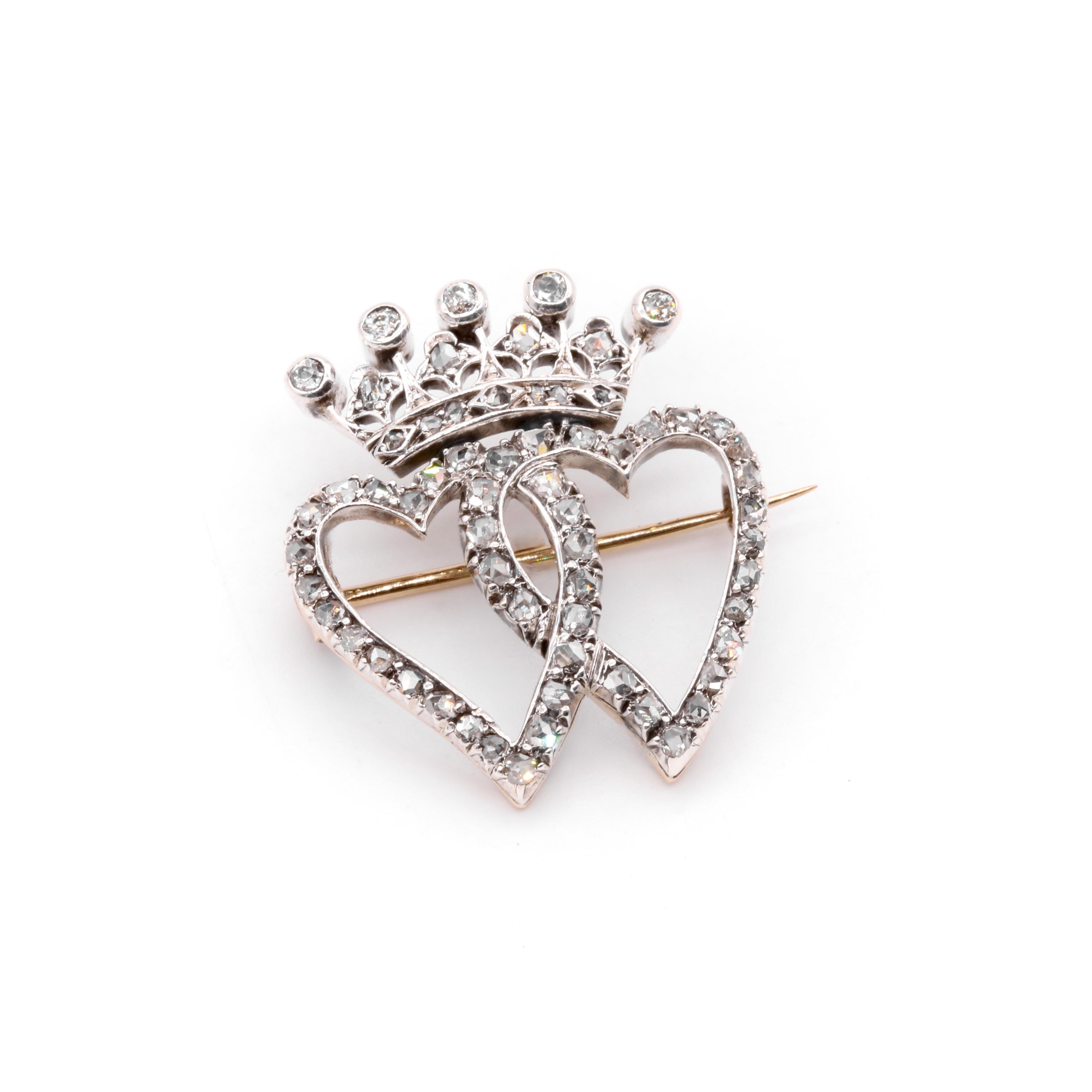 Old European Cut Antique Victorian 15K Yellow Gold and Silver Diamond Crowned Hearts Brooch For Sale