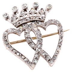 Antique Victorian 15K Yellow Gold and Silver Diamond Crowned Hearts Brooch