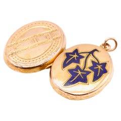 Antique Victorian 15K Yellow Gold Blue Enamel Ivy Leaf Buckle Locket