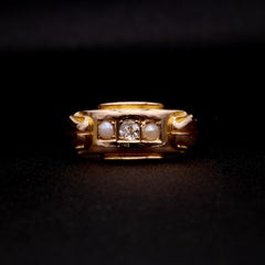 Antique Victorian 15K Yellow Gold Diamond and Pearl Trilogy Ring