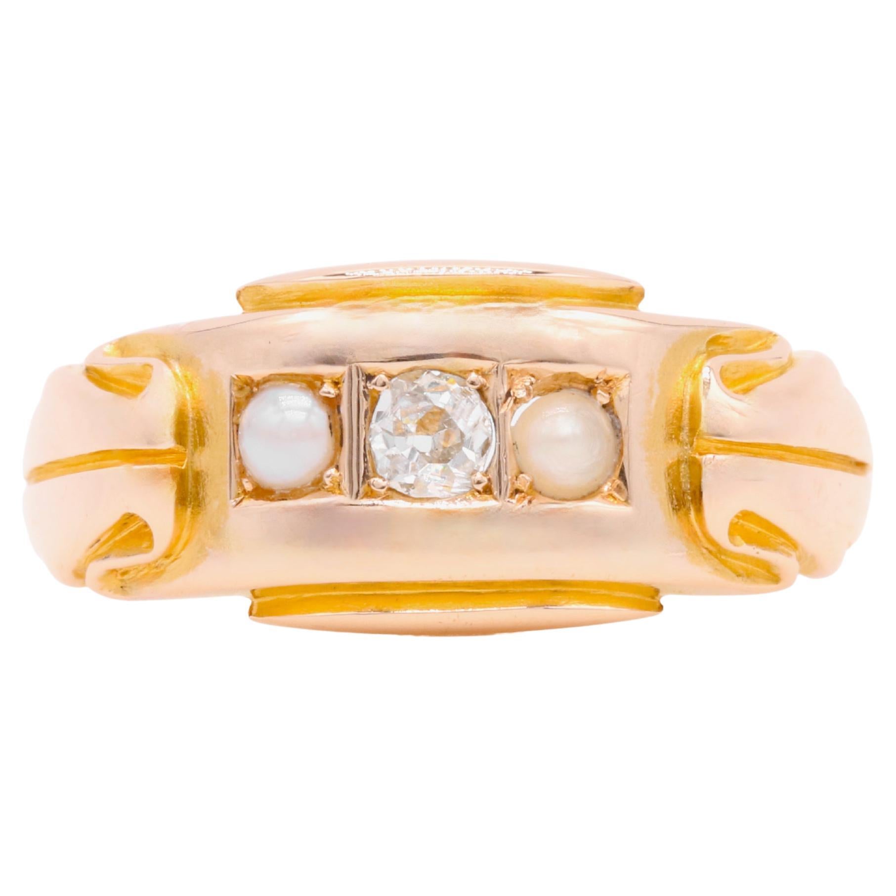 Antique Victorian 15K Yellow Gold Diamond and Pearl Trilogy Ring
