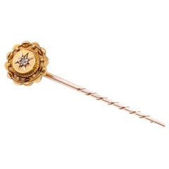 Antique Victorian 15K Yellow Gold Diamond Etruscan Revival Stick Pin