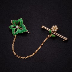 Antique Victorian 15K Yellow Gold Diamond, Pearl and Green Enamel Floral Brooch