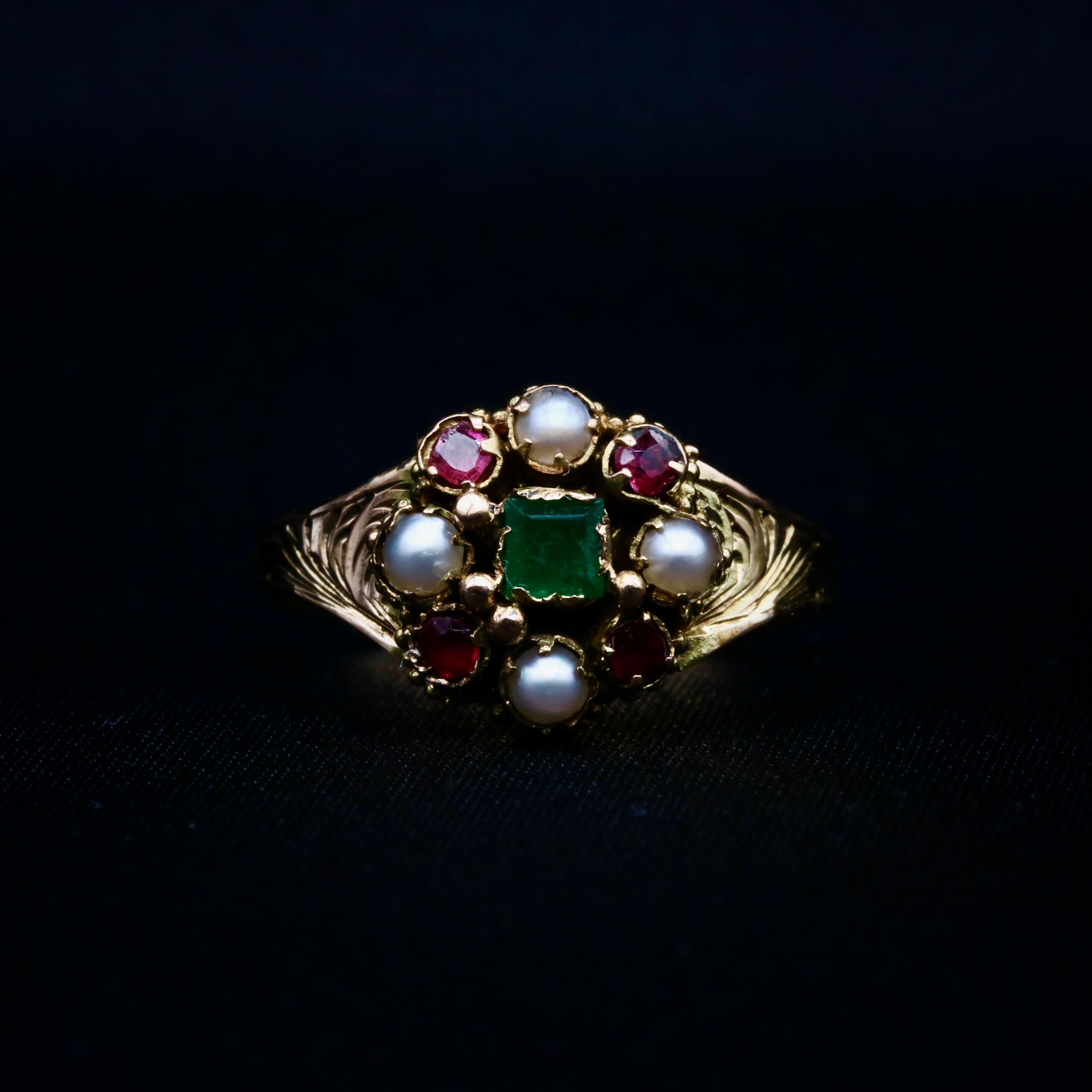 Round Cut Antique Victorian 15K Yellow Gold Emerald, Garnet and Pearl Cluster Ring For Sale