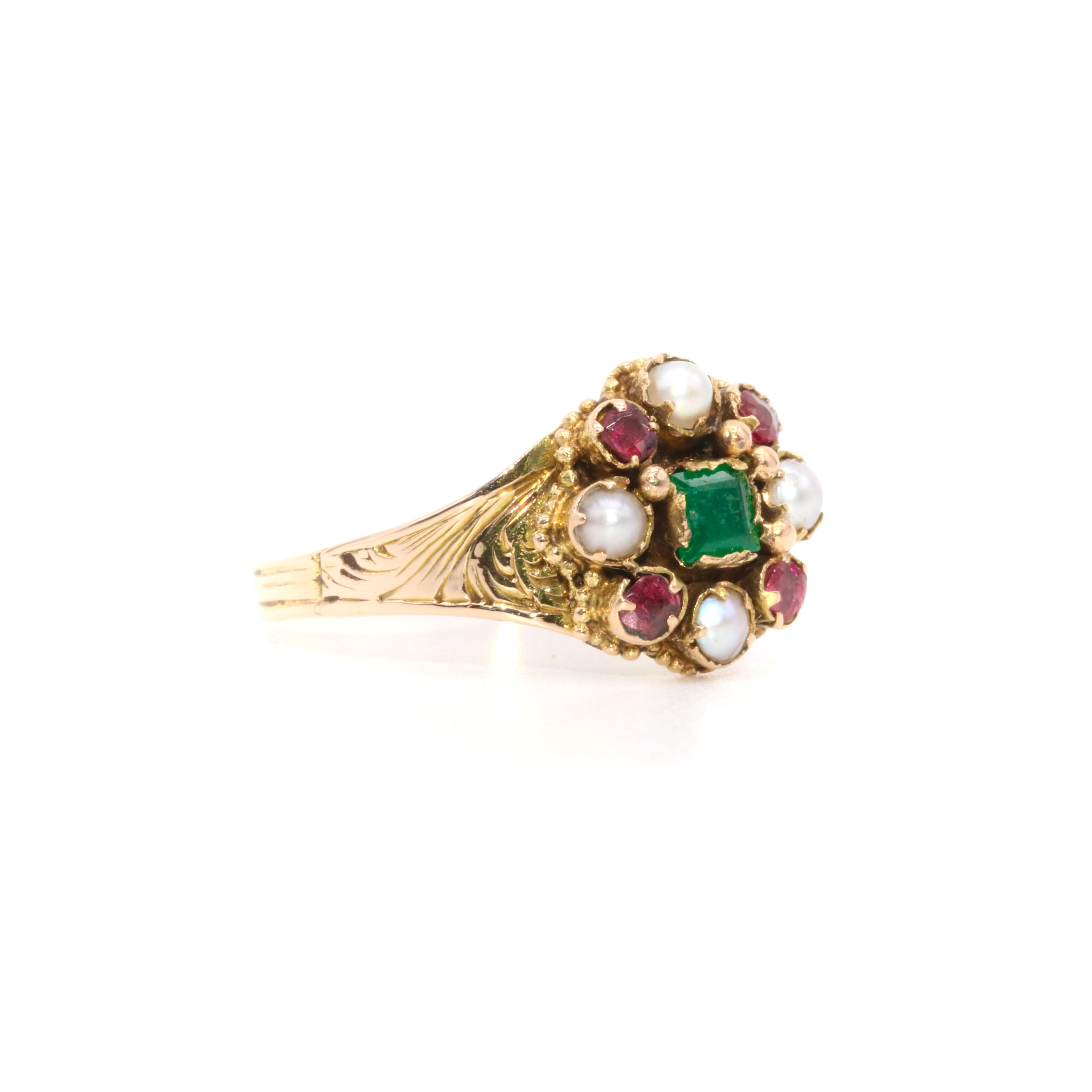 Women's or Men's Antique Victorian 15K Yellow Gold Emerald, Garnet and Pearl Cluster Ring For Sale