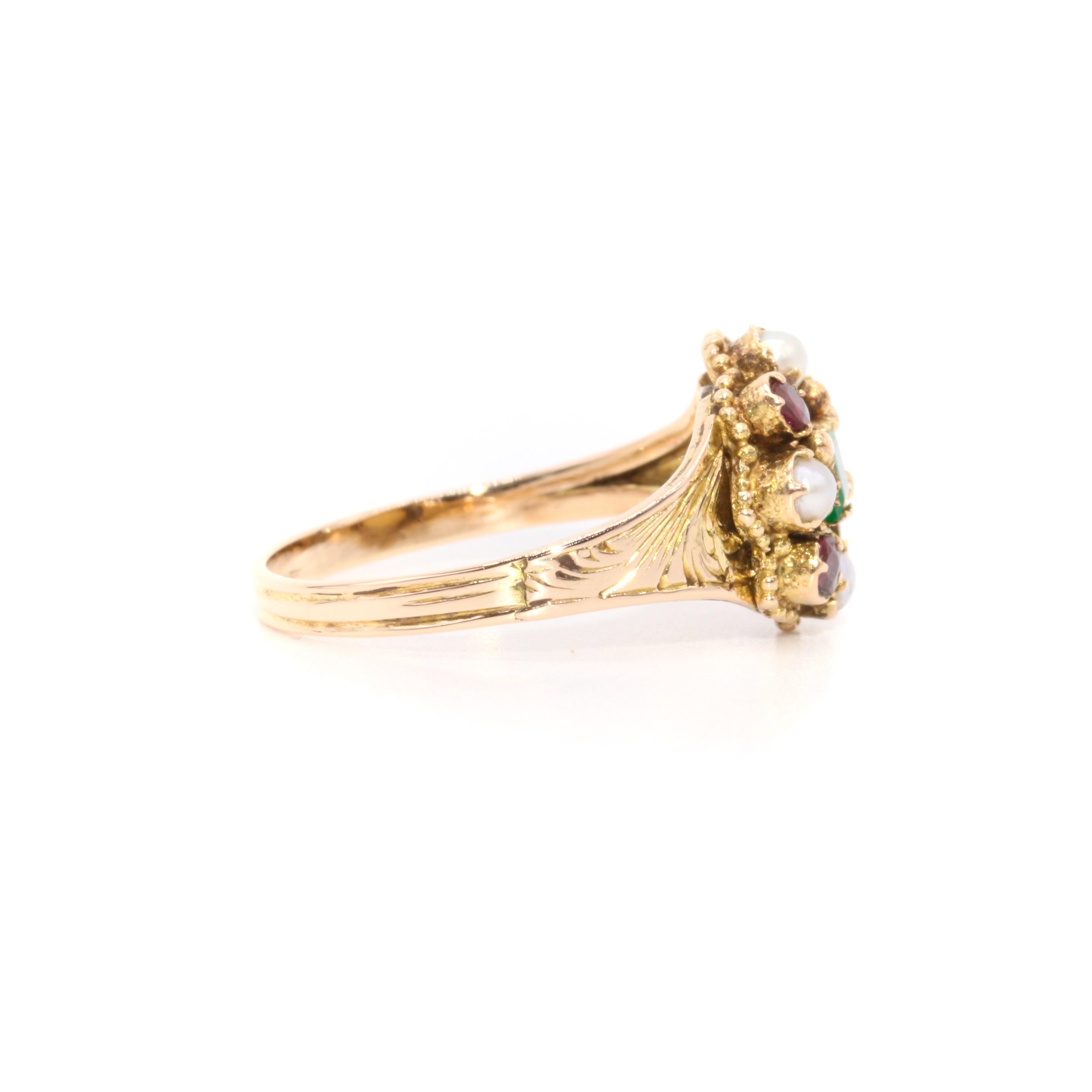 Antique Victorian 15K Yellow Gold Emerald, Garnet and Pearl Cluster Ring For Sale 1
