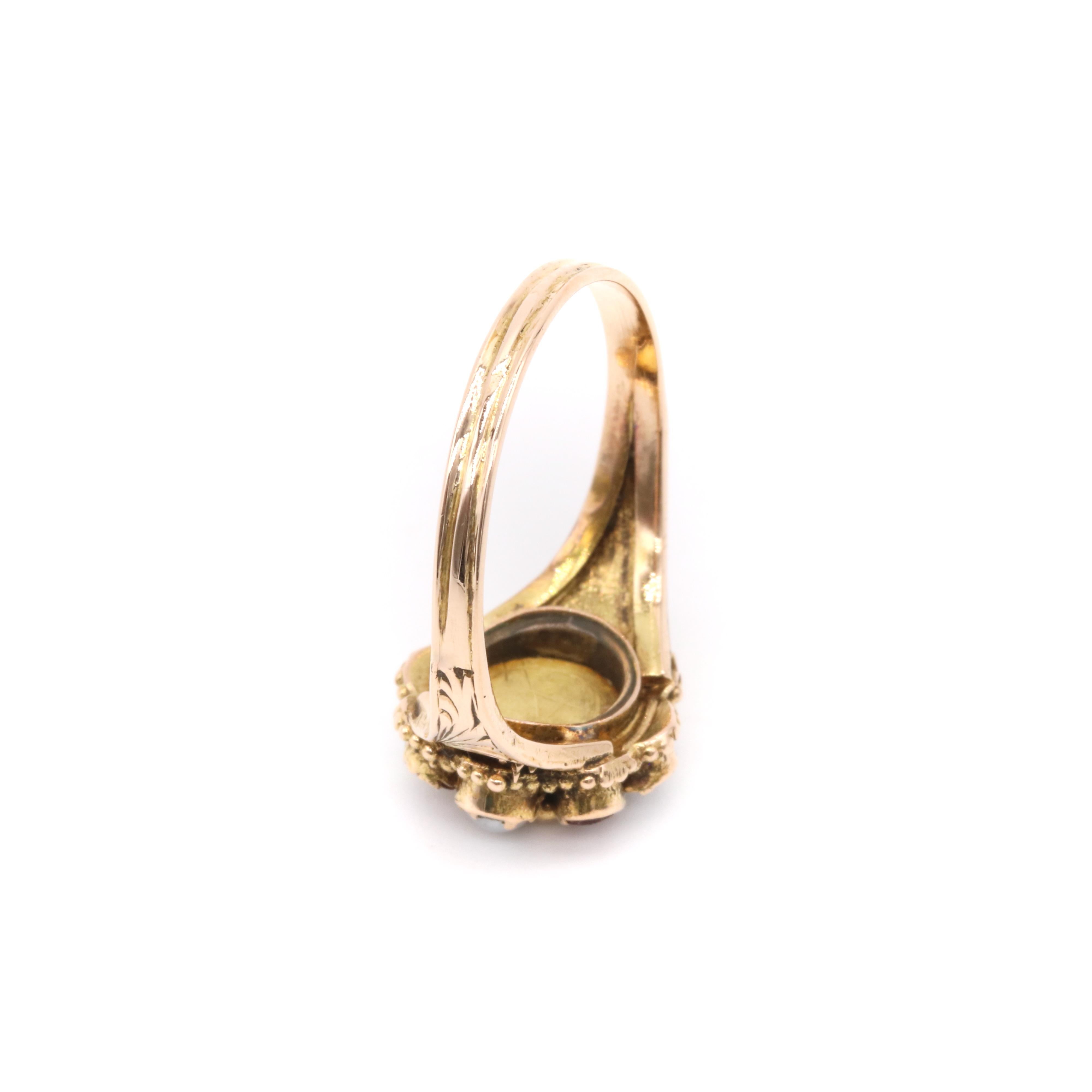 Antique Victorian 15K Yellow Gold Emerald, Garnet and Pearl Cluster Ring For Sale 4