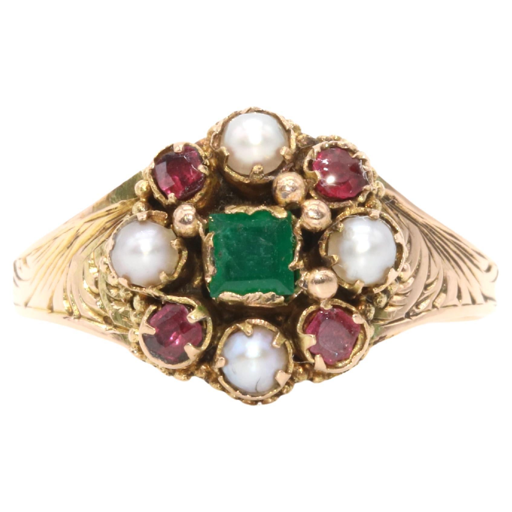 Antique Victorian 15K Yellow Gold Emerald, Garnet and Pearl Cluster Ring