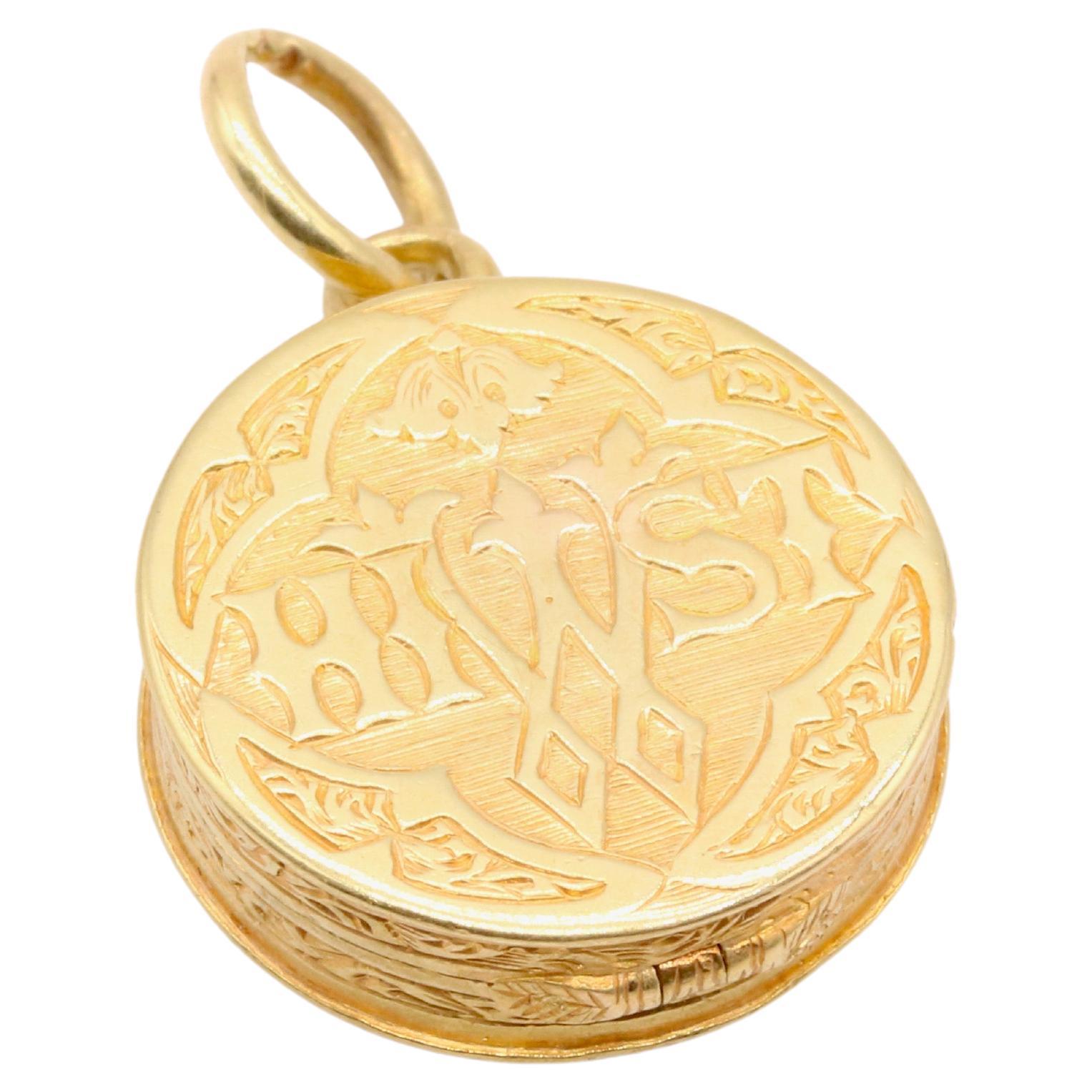 Antique Victorian 15K Yellow Gold Engraved Whist Locket Pendant