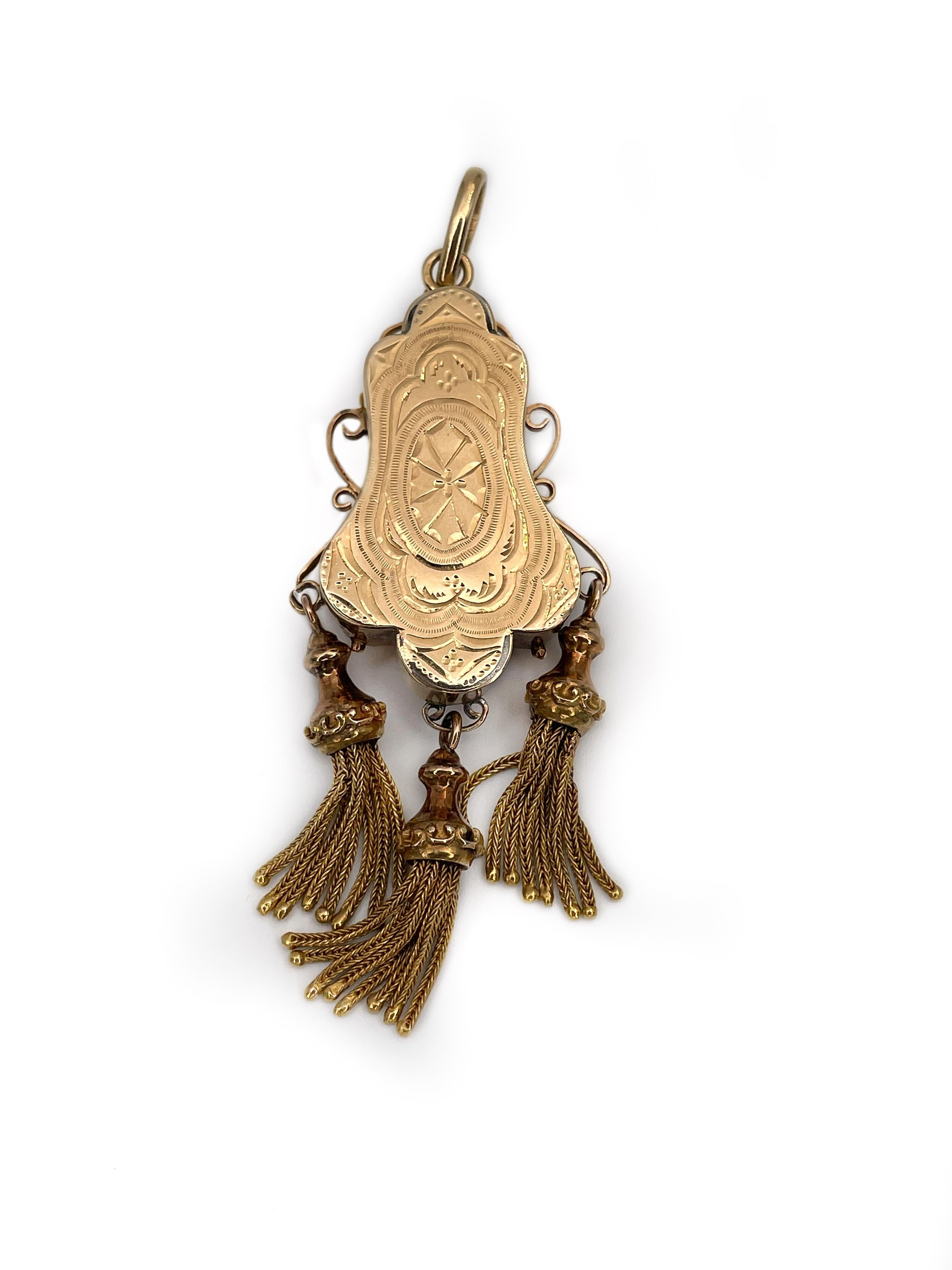 Round Cut Antique Victorian 15K Yellow Gold Floral Design Tassel Shield Pendant
