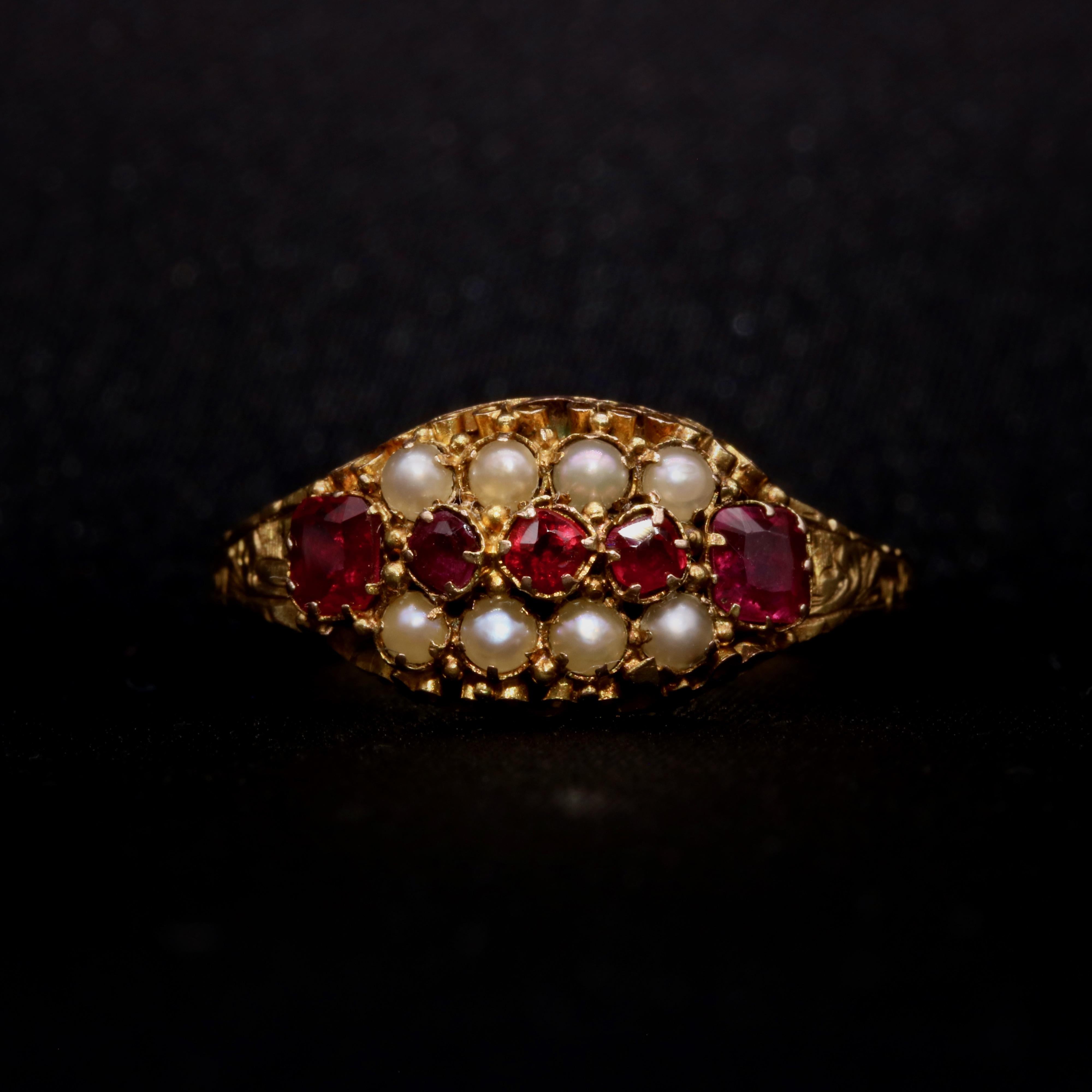 Cushion Cut Antique Victorian 15K Yellow Gold Garnet and Pearl Ring with Engraved Band