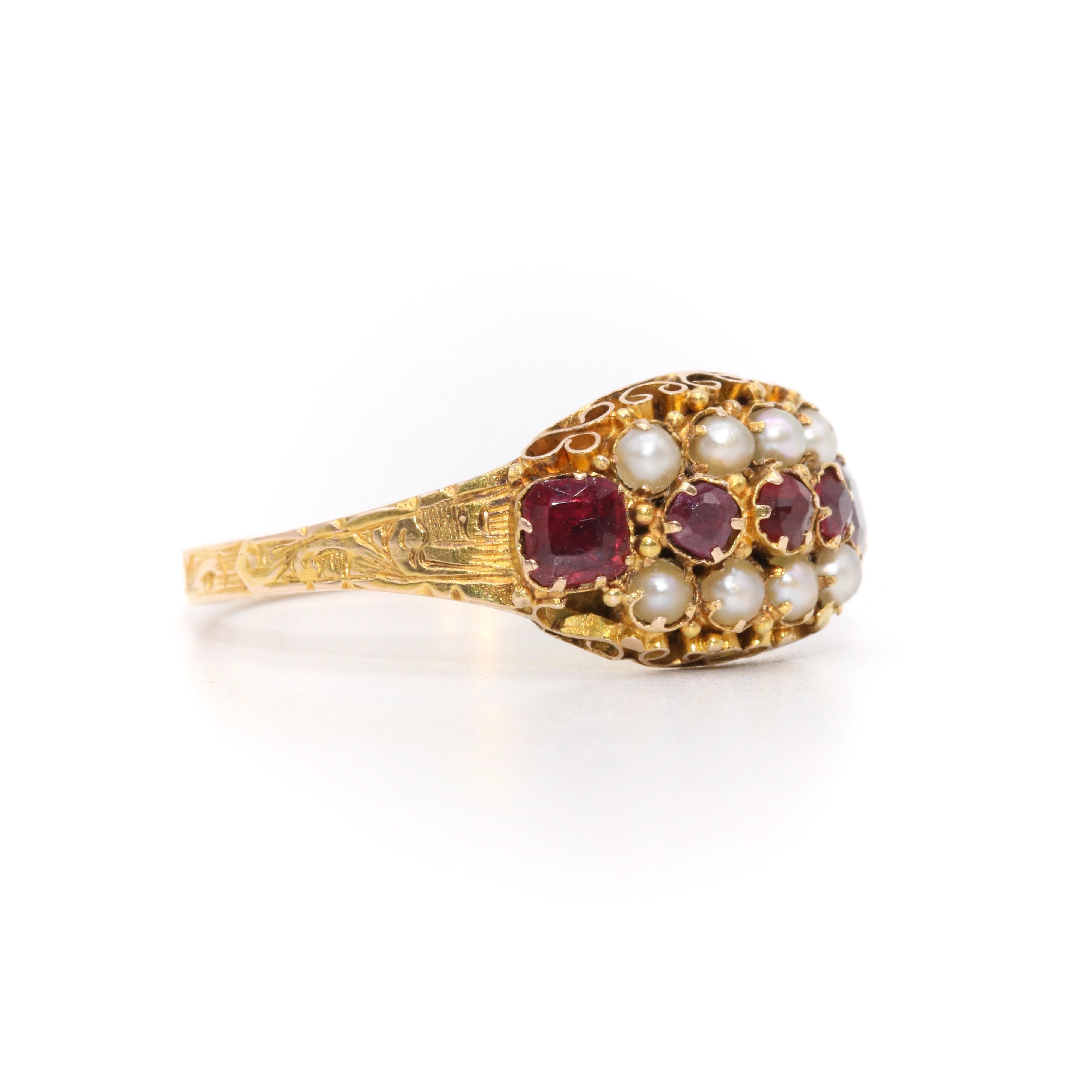 Women's or Men's Antique Victorian 15K Yellow Gold Garnet and Pearl Ring with Engraved Band