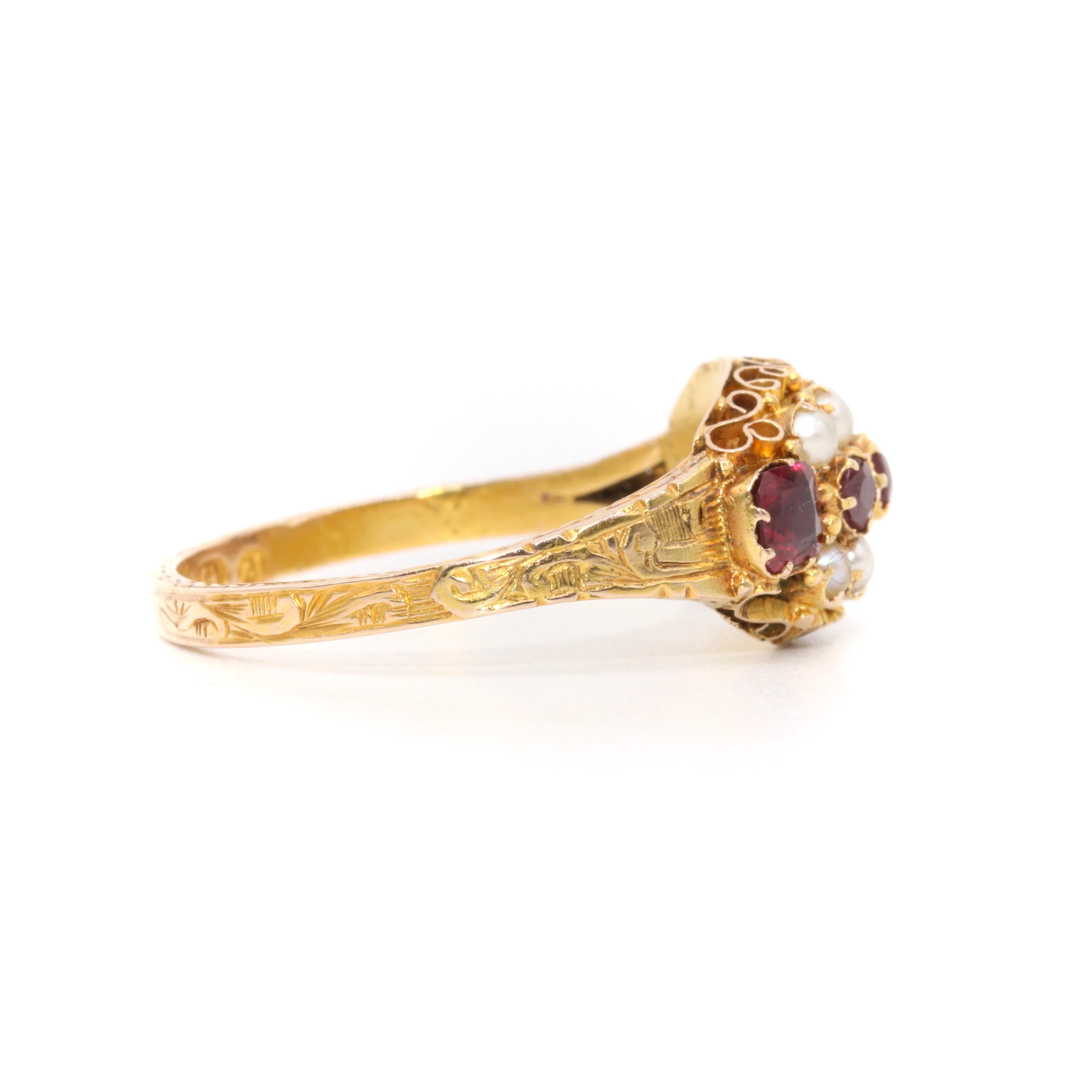Antique Victorian 15K Yellow Gold Garnet and Pearl Ring with Engraved Band 1