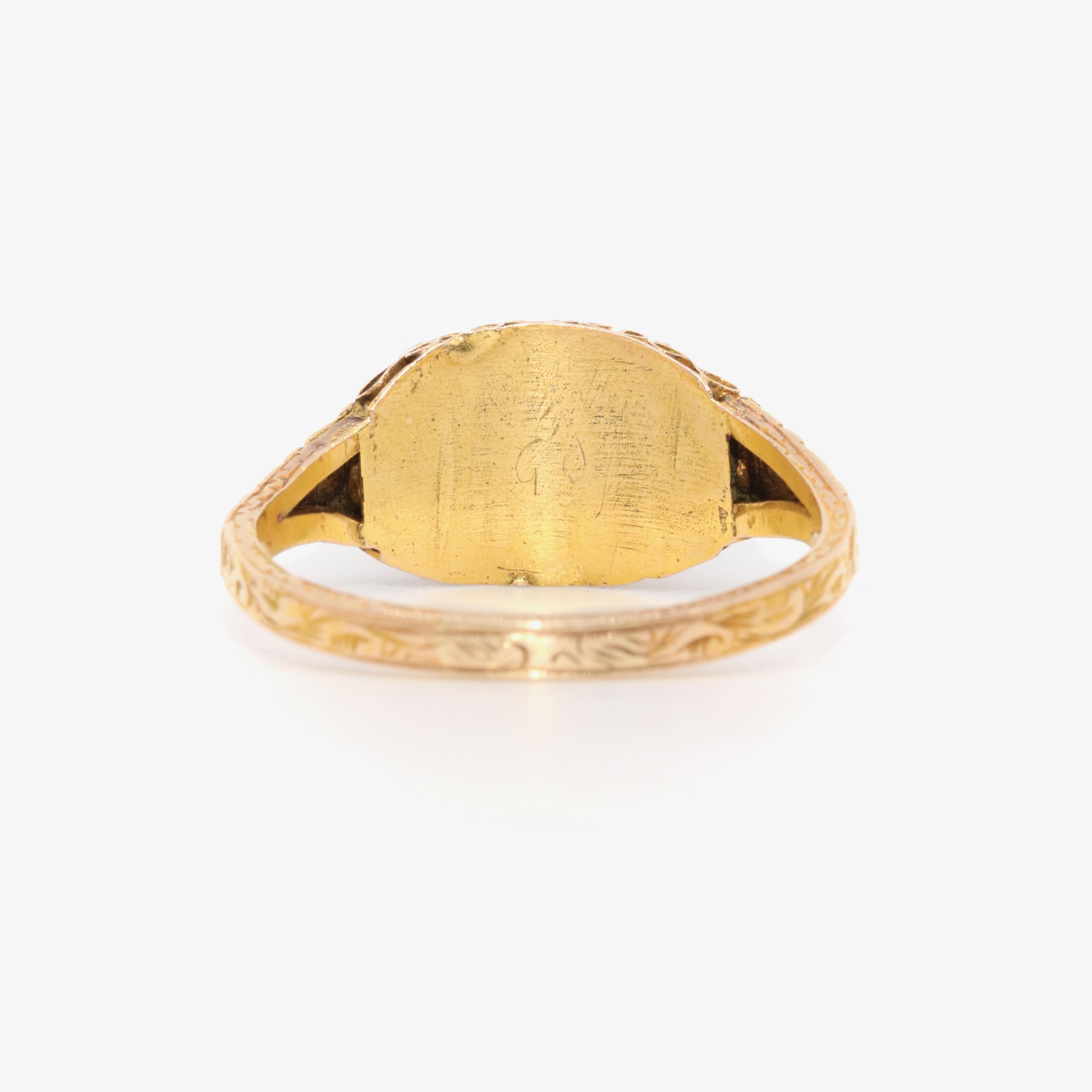 Antique Victorian 15K Yellow Gold Garnet and Pearl Ring with Engraved Band 2
