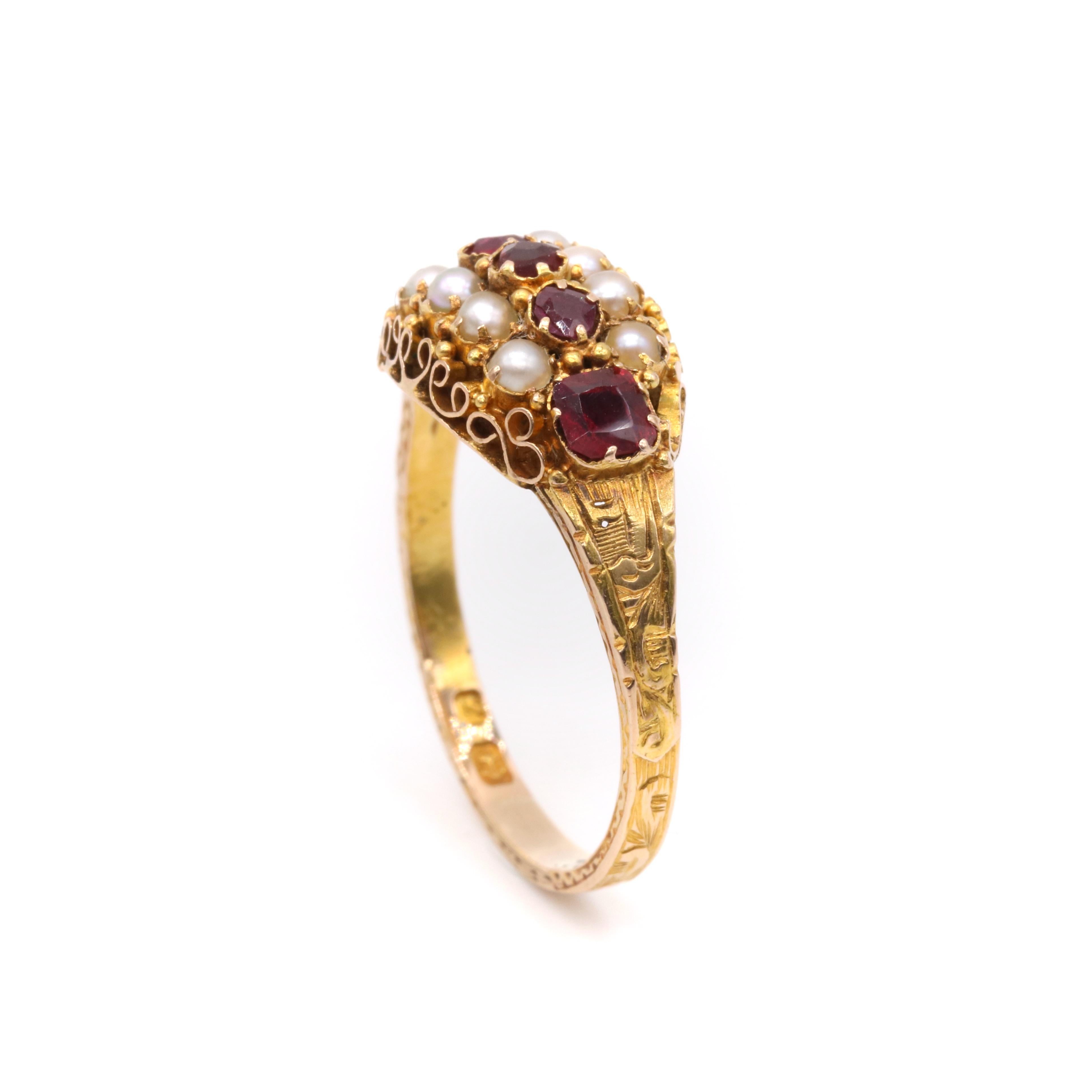 Antique Victorian 15K Yellow Gold Garnet and Pearl Ring with Engraved Band 3
