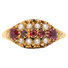 Antique Victorian 15K Yellow Gold Garnet and Pearl Ring with Engraved Band