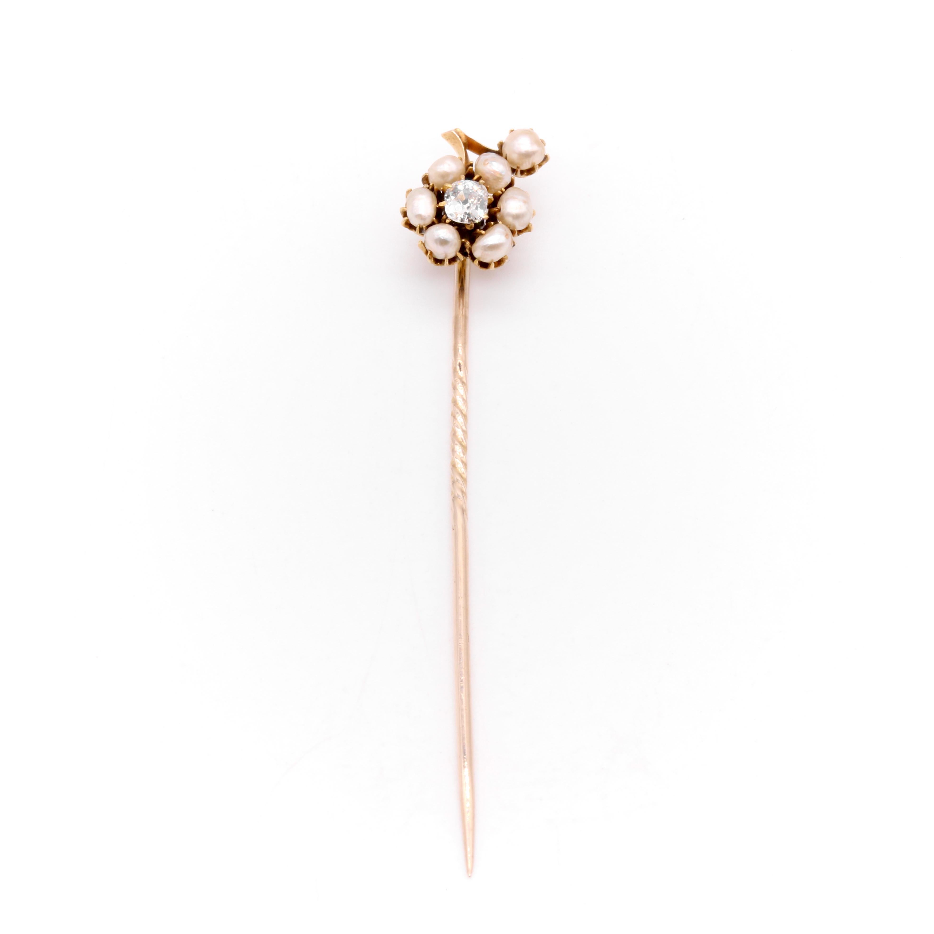 Women's or Men's Antique Victorian 15K Yellow Gold Old Mine Cut Diamond & Pearl Flower Stick Pin For Sale