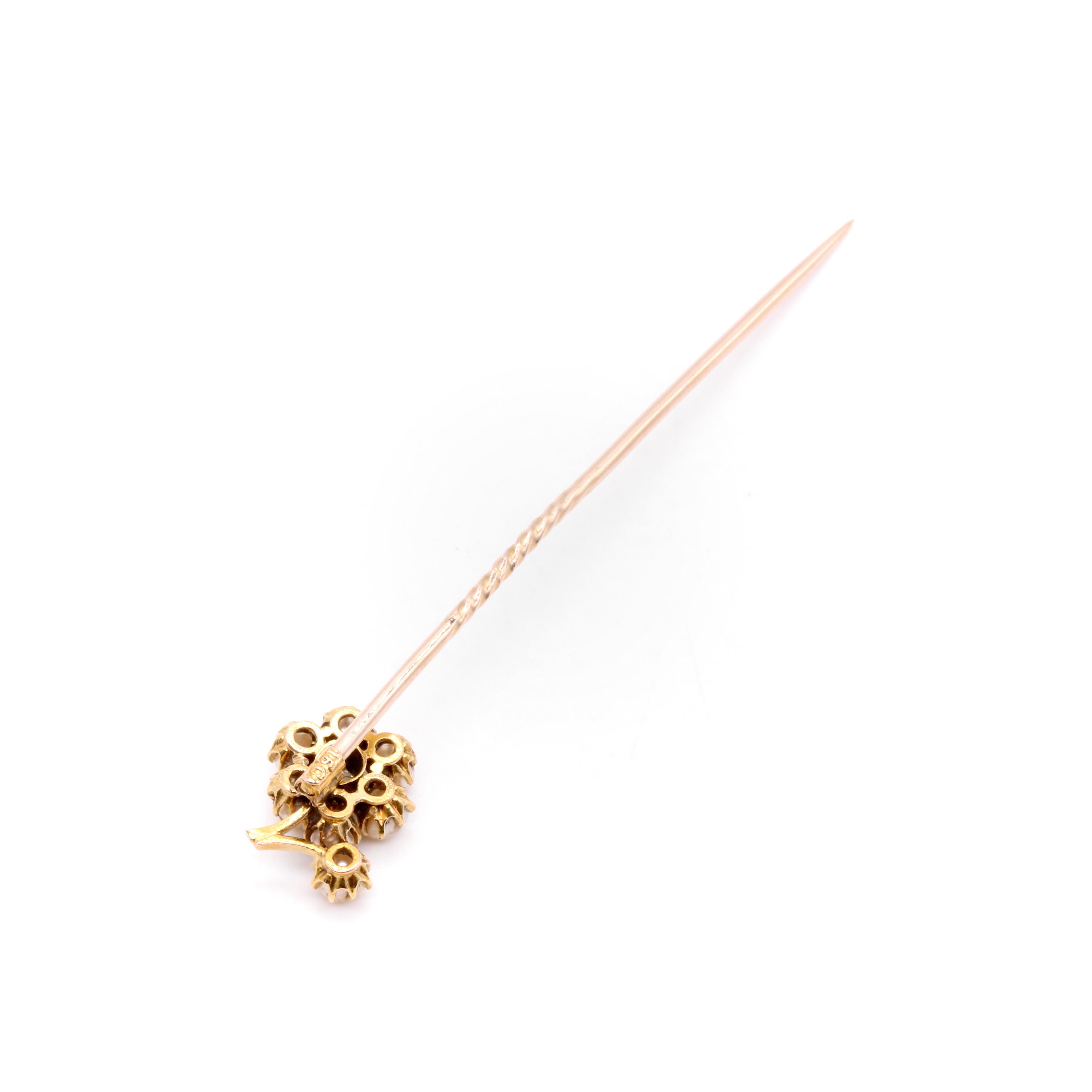 Antique Victorian 15K Yellow Gold Old Mine Cut Diamond & Pearl Flower Stick Pin For Sale 5