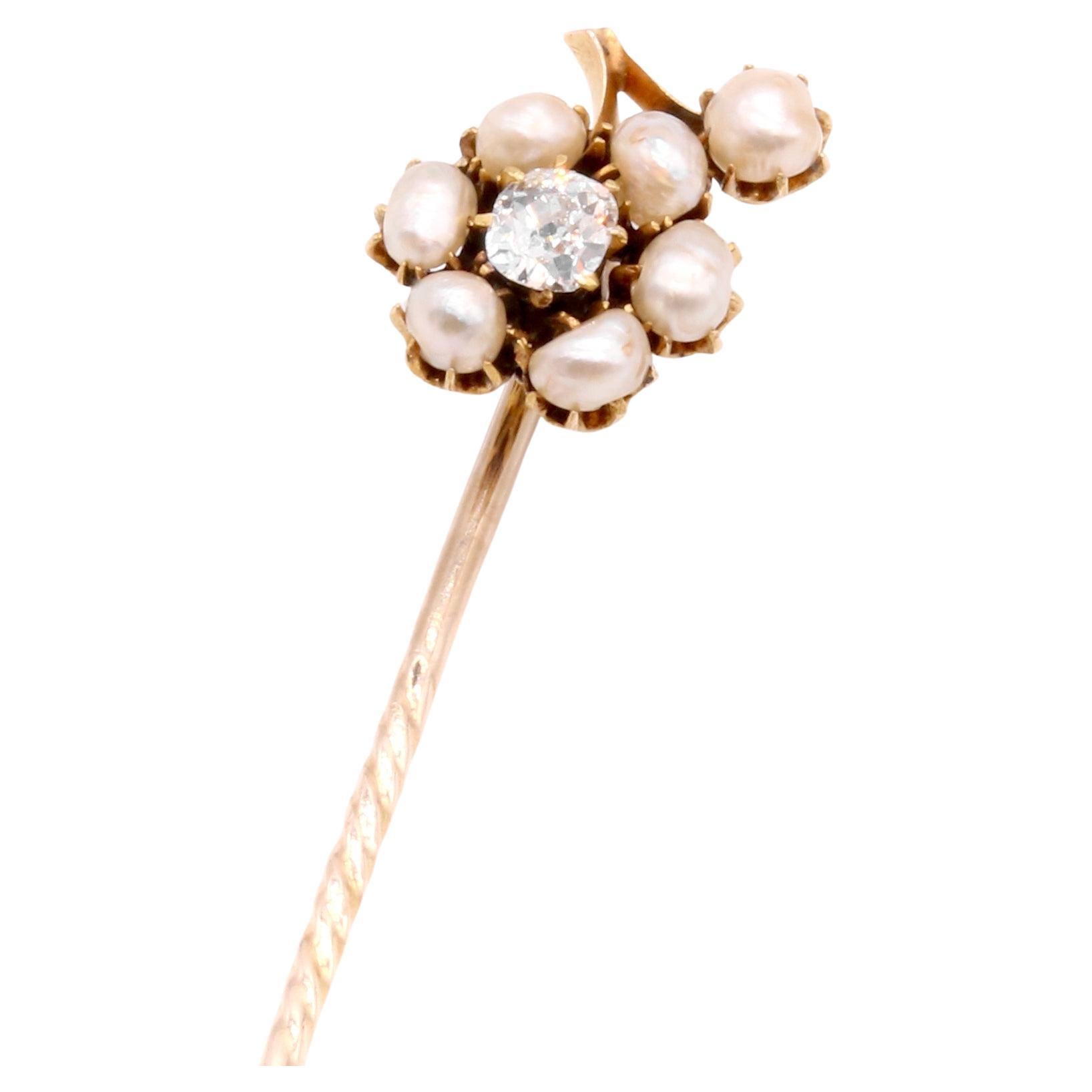 Antique Victorian 15K Yellow Gold Old Mine Cut Diamond & Pearl Flower Stick Pin