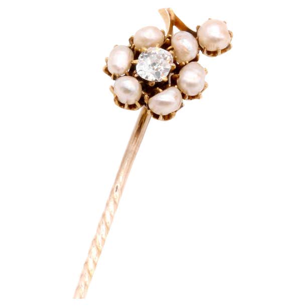 Gold Pin Fancy Antique Victorian 15K Yellow Gold Old Mine Cut Diamond and Pearl Flower ...