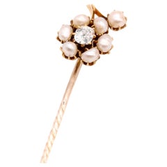Antique Victorian 15K Yellow Gold Old Mine Cut Diamond & Pearl Flower Stick Pin
