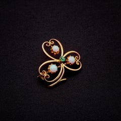 Antique Victorian 15K Yellow Gold Opal and Emerald Shamrock Brooch