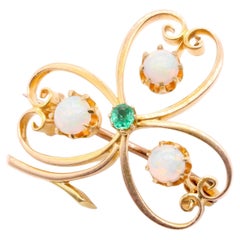 Antique Victorian 15K Yellow Gold Opal and Emerald Shamrock Brooch