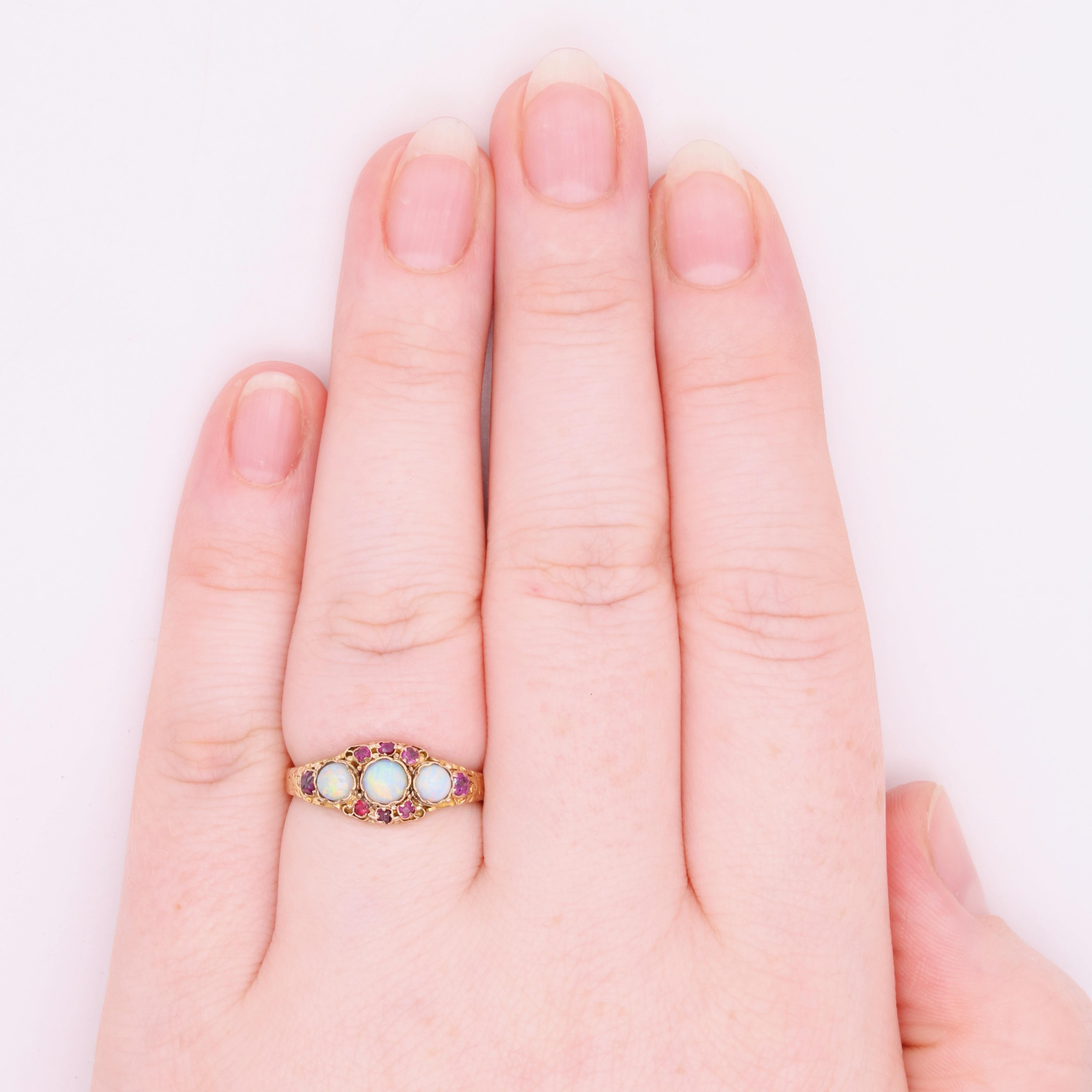 Antique Victorian 15K Yellow Gold Opal and Ruby Cluster Ring, with Engraved Band 5