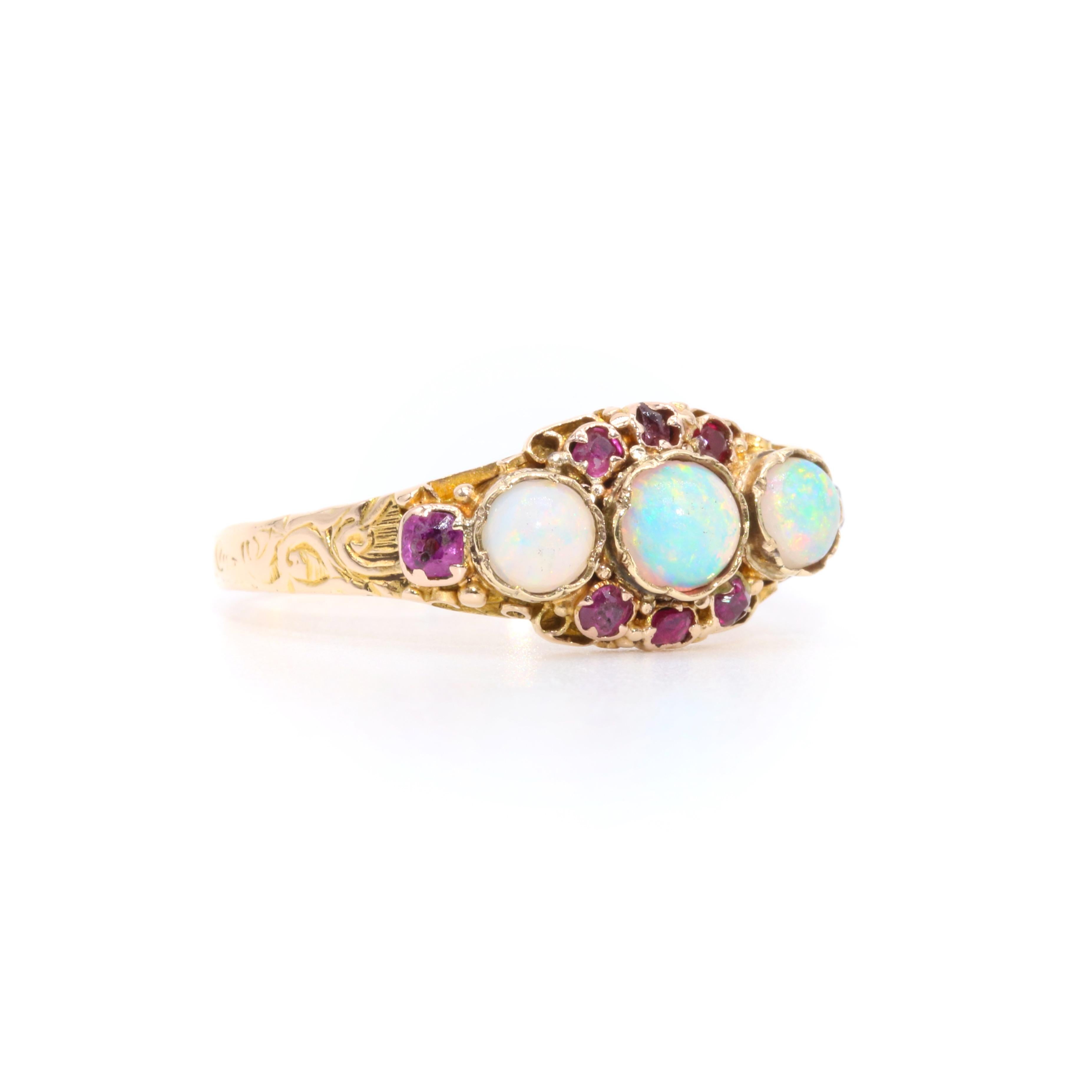 Antique Victorian 15K Yellow Gold Opal and Ruby Cluster Ring, with Engraved Band In Good Condition In Staines-Upon-Thames, GB