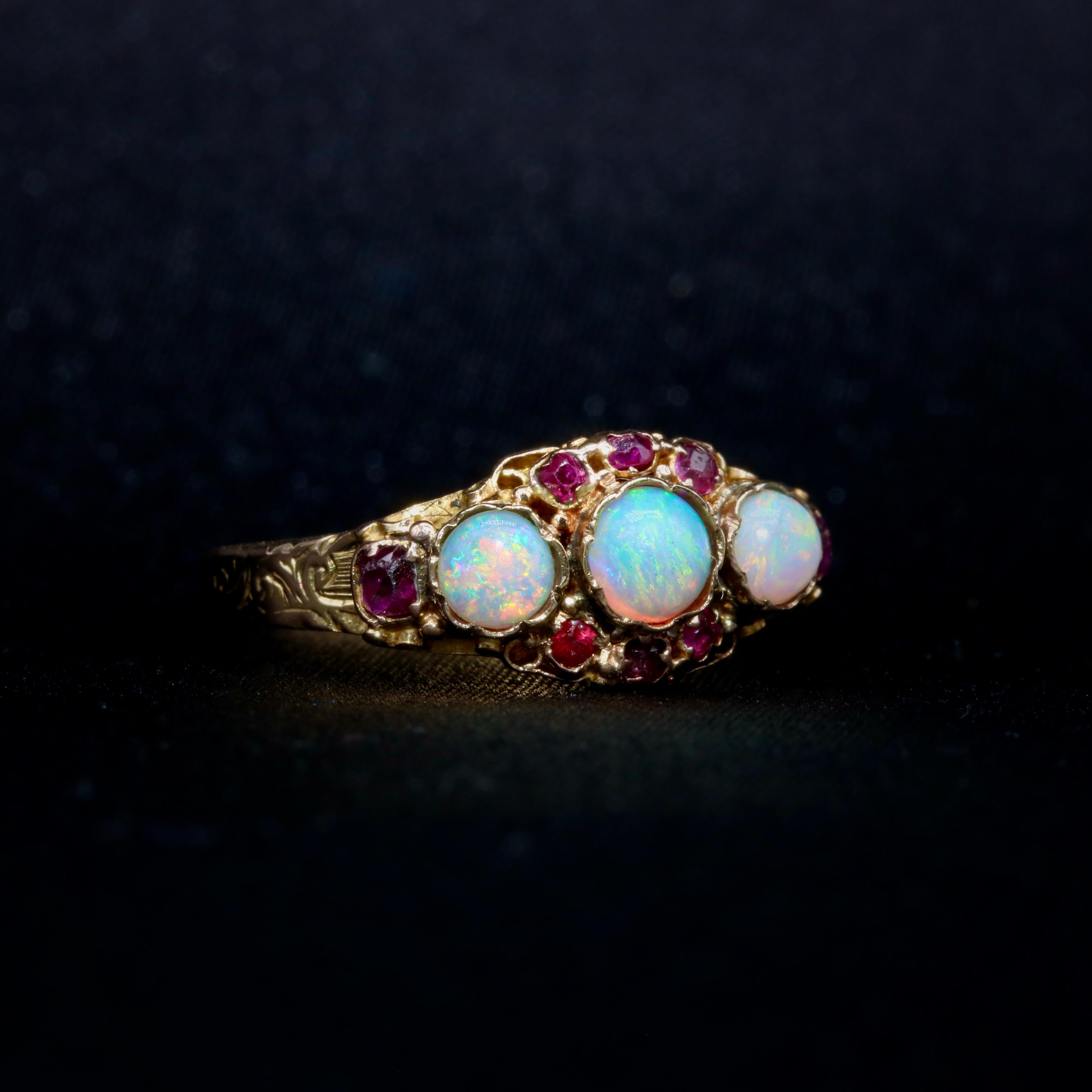 Women's or Men's Antique Victorian 15K Yellow Gold Opal and Ruby Cluster Ring, with Engraved Band