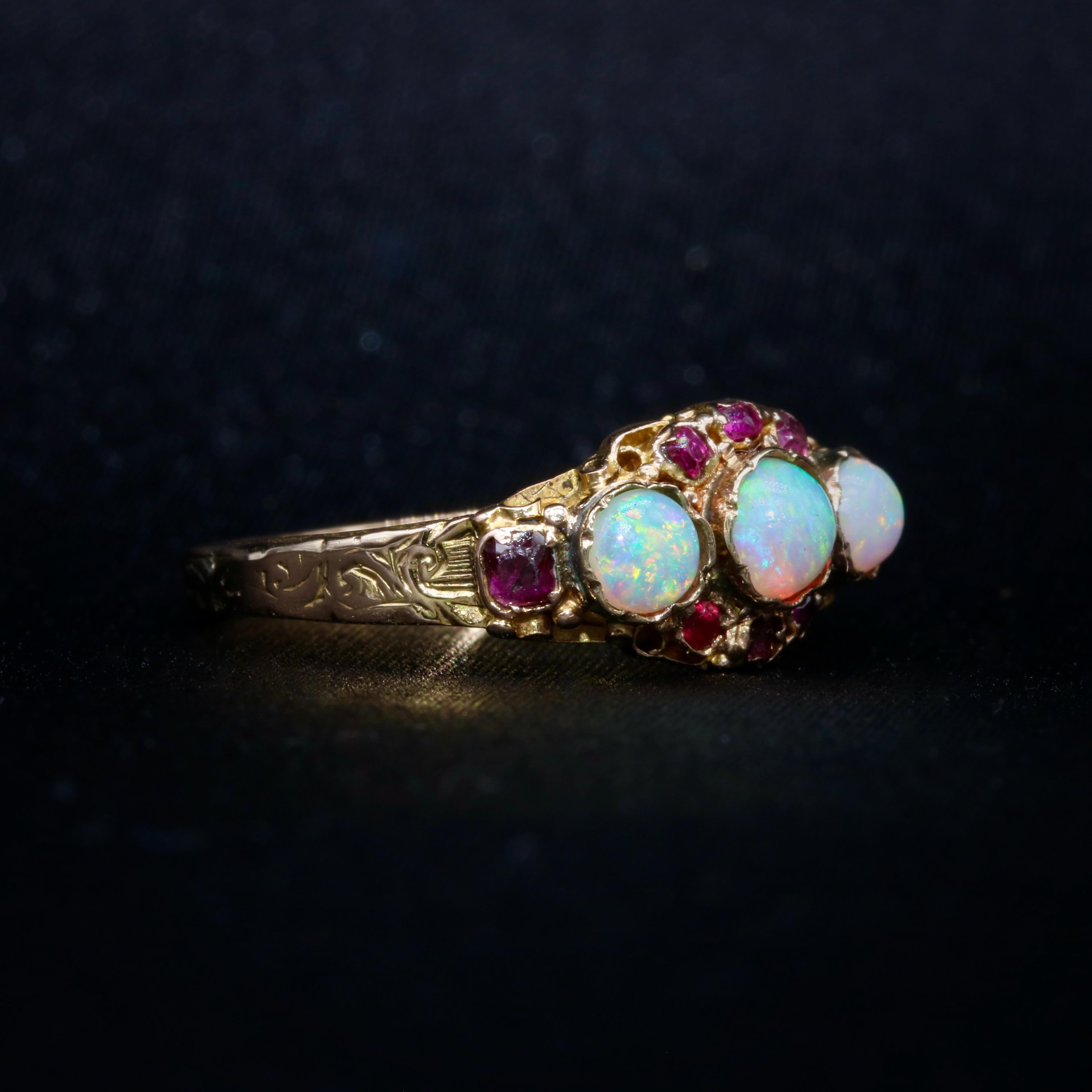 Antique Victorian 15K Yellow Gold Opal and Ruby Cluster Ring, with Engraved Band 1
