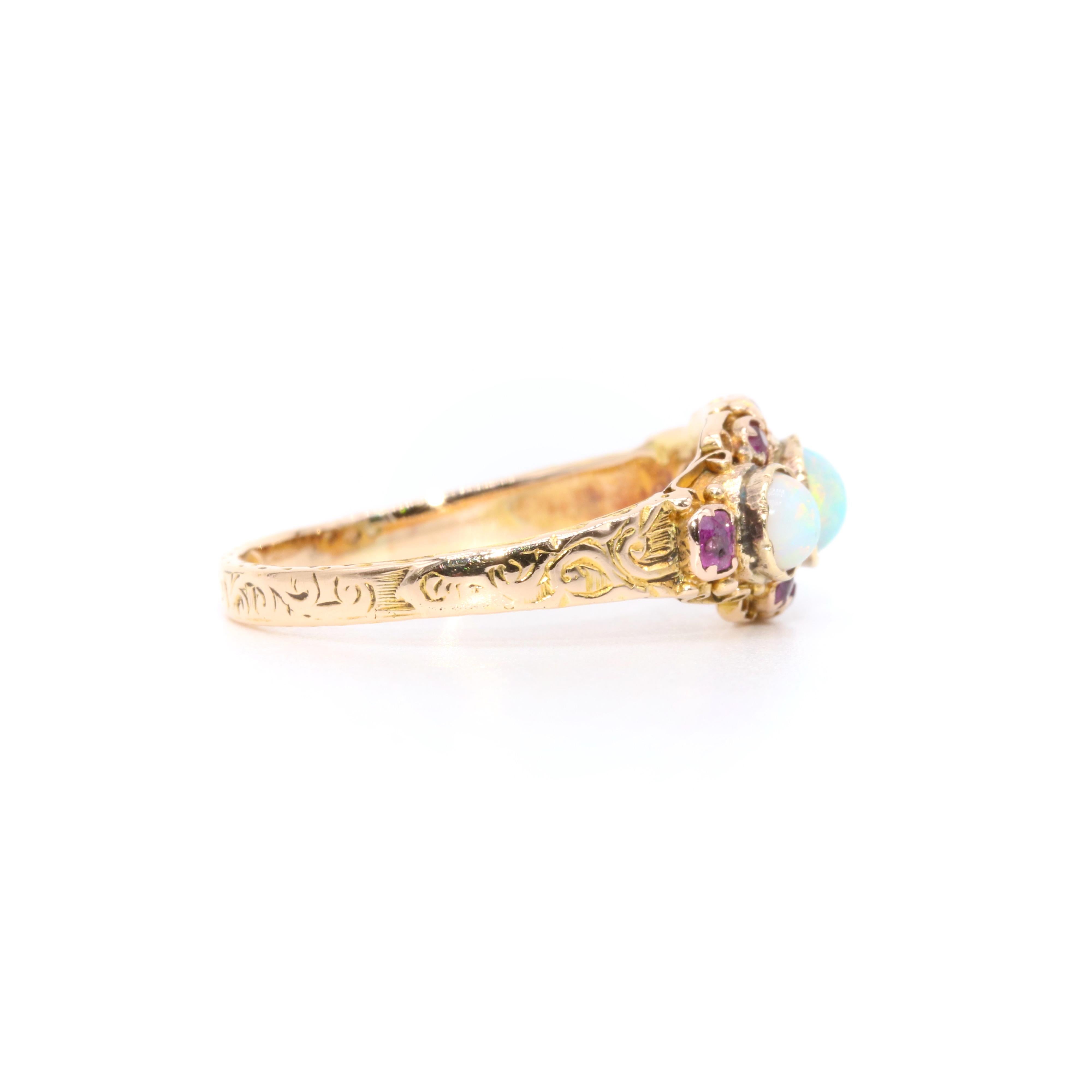 Antique Victorian 15K Yellow Gold Opal and Ruby Cluster Ring, with Engraved Band 2