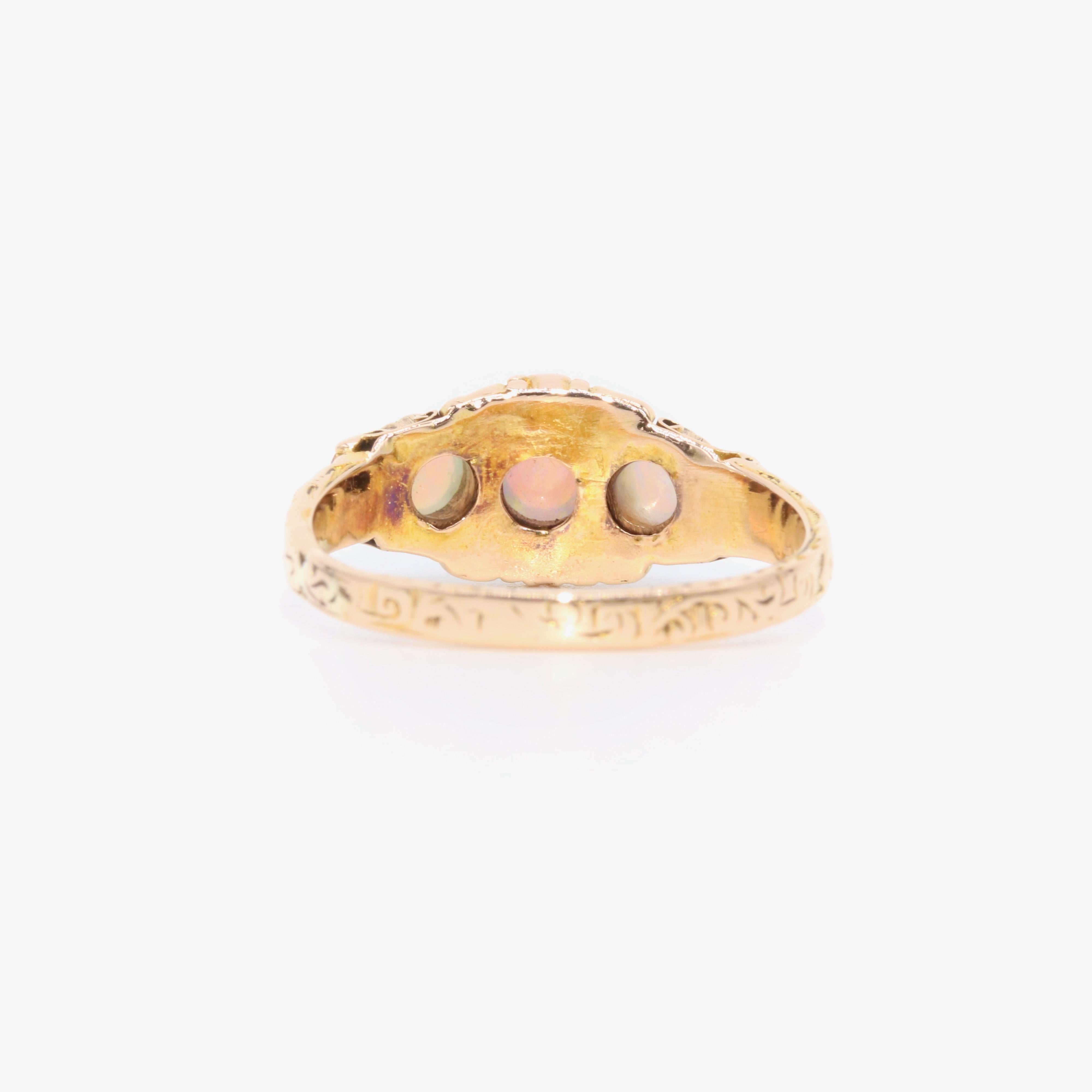 Antique Victorian 15K Yellow Gold Opal and Ruby Cluster Ring, with Engraved Band 3