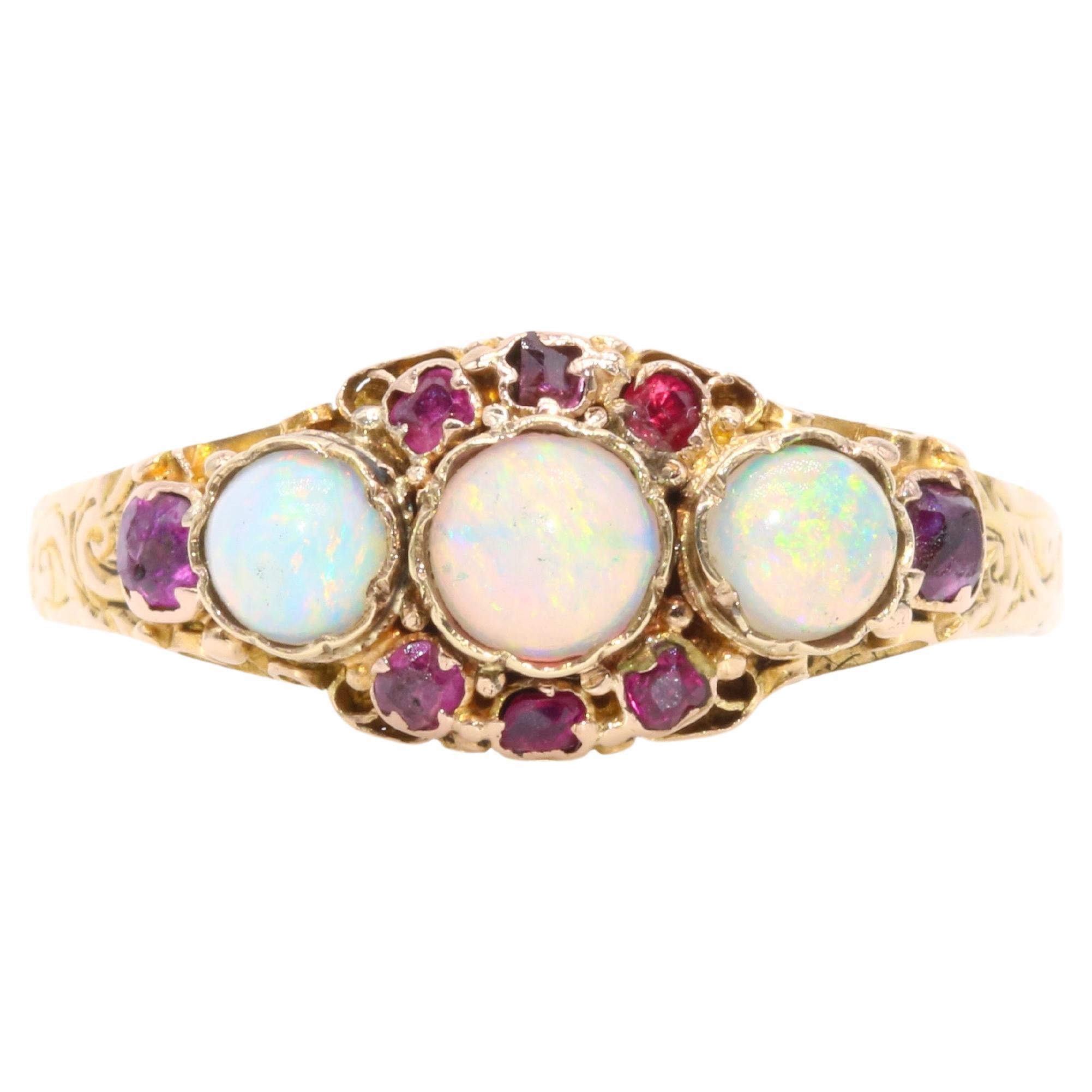 Antique Victorian 15K Yellow Gold Opal and Ruby Cluster Ring, with Engraved Band