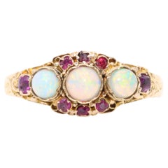 Antique Victorian 15K Yellow Gold Opal and Ruby Cluster Ring, with Engraved Band