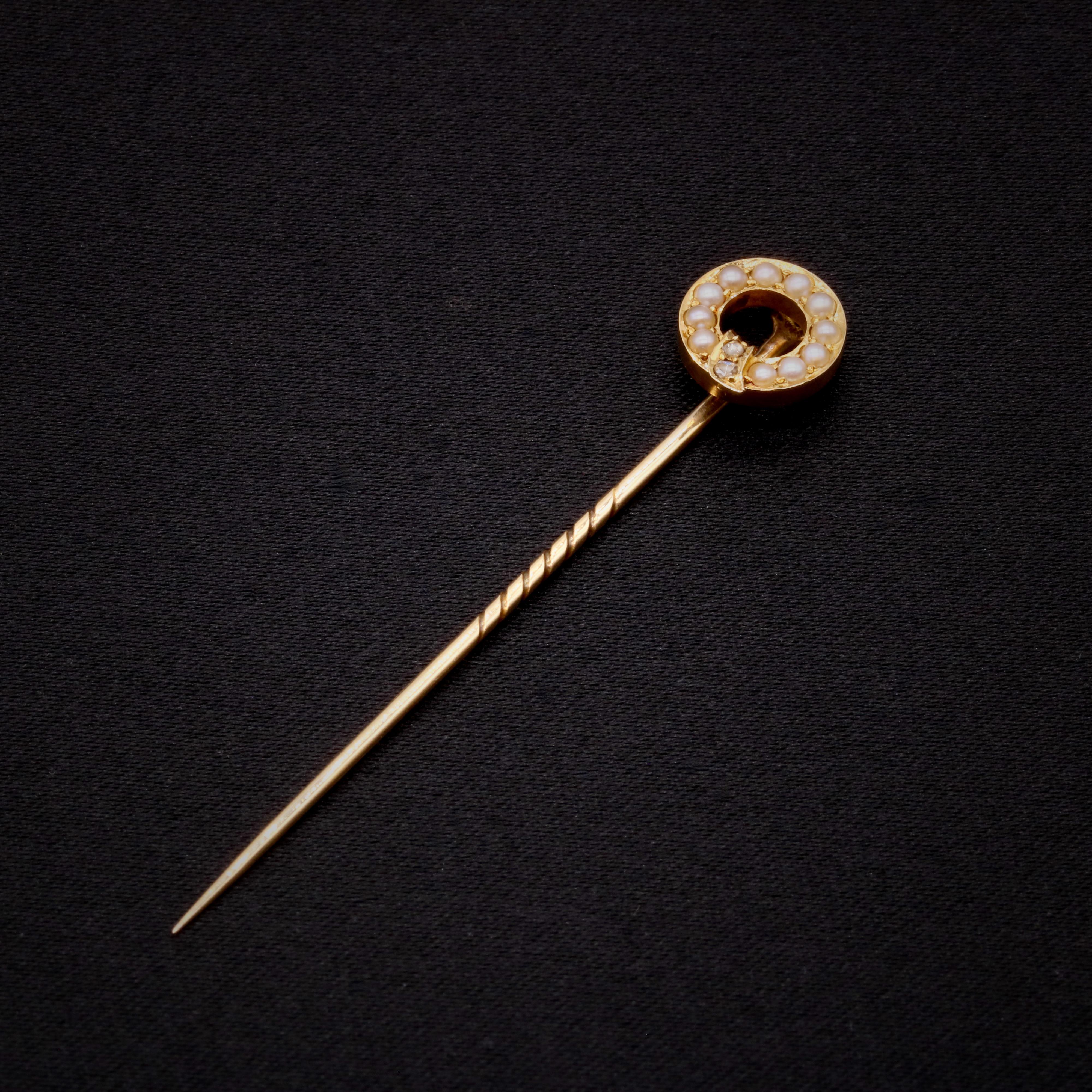 Rose Cut Antique Victorian 15K Yellow Gold Pearl and Diamond Garter Stick Pin For Sale