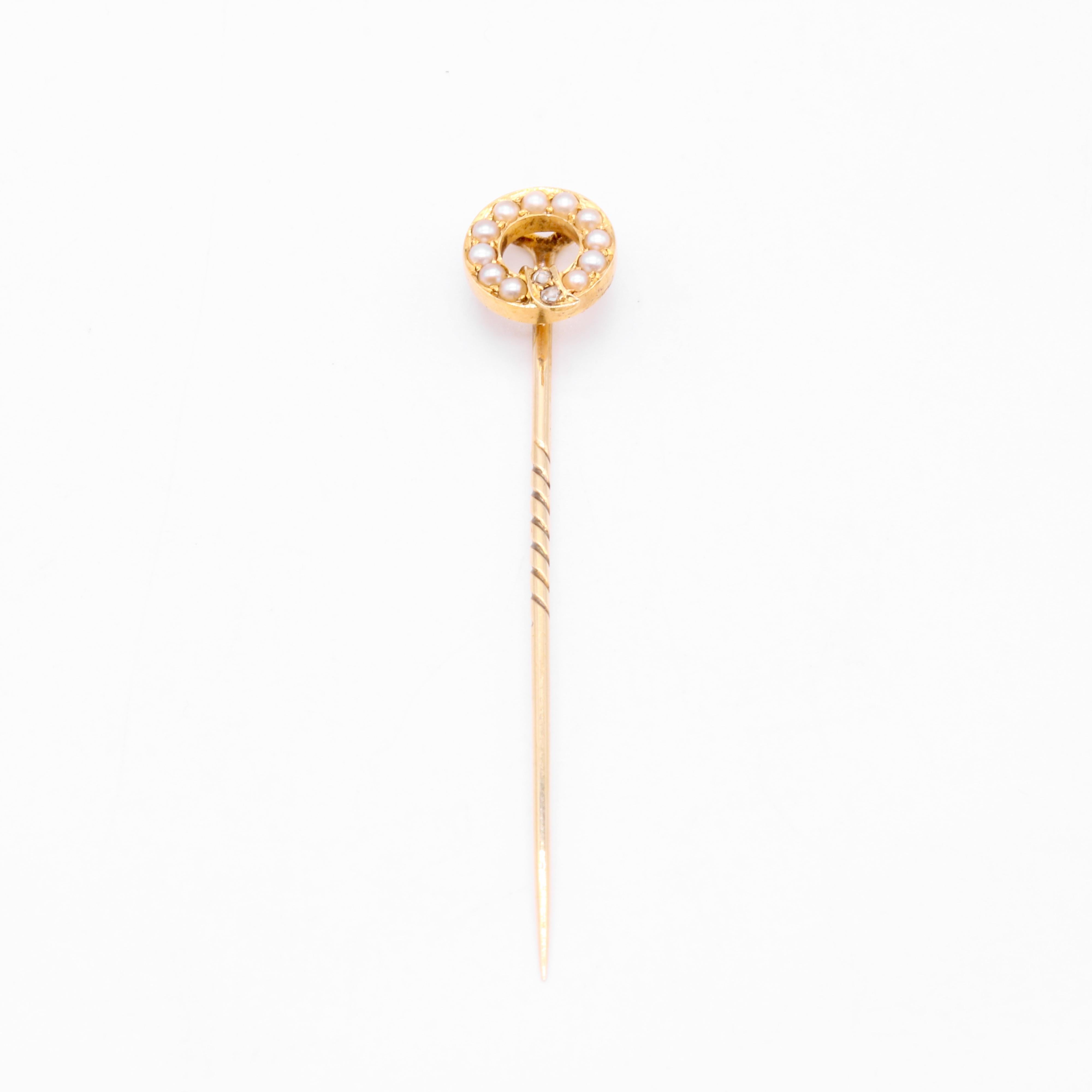 Women's or Men's Antique Victorian 15K Yellow Gold Pearl and Diamond Garter Stick Pin For Sale