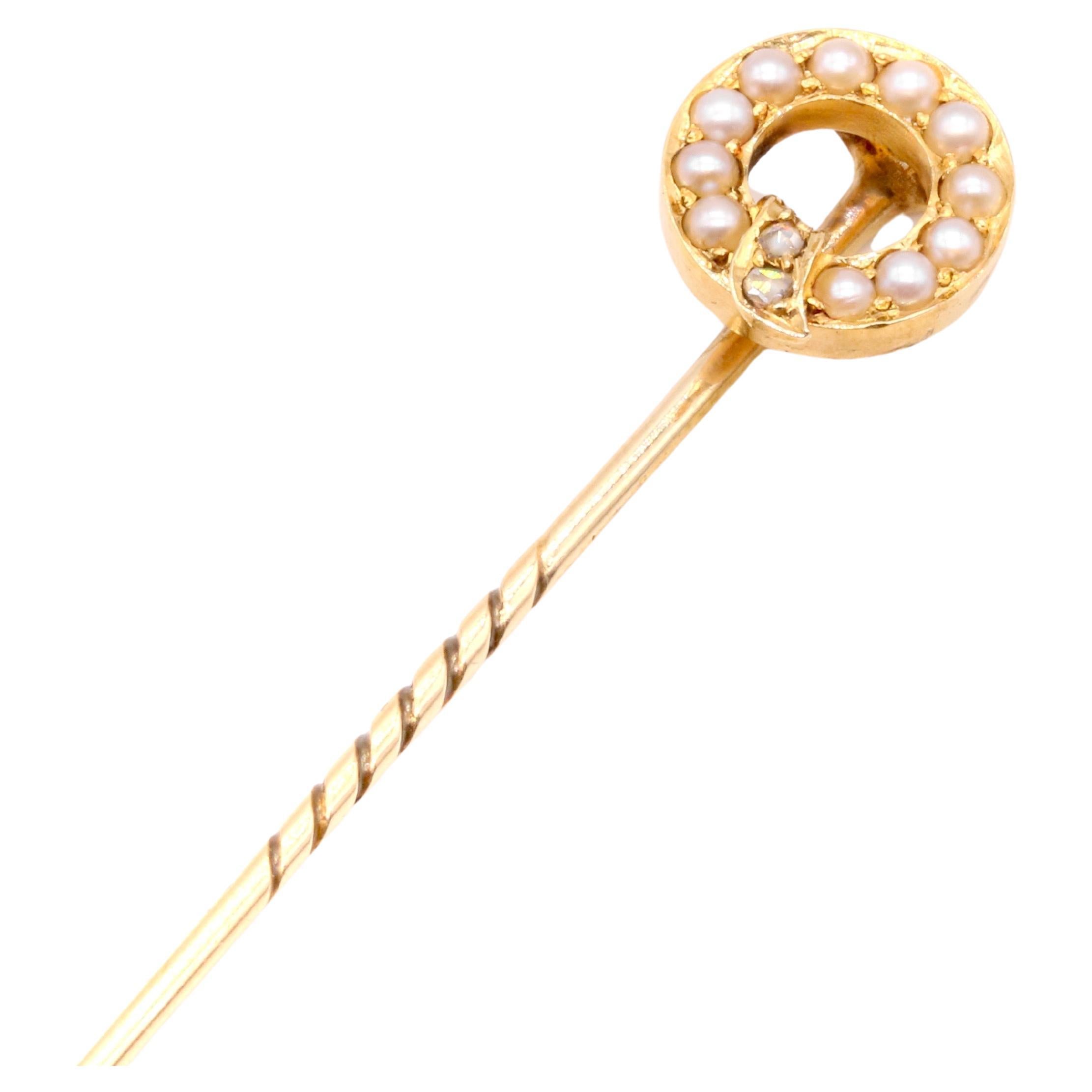 Antique Victorian 15K Yellow Gold Pearl and Diamond Garter Stick Pin