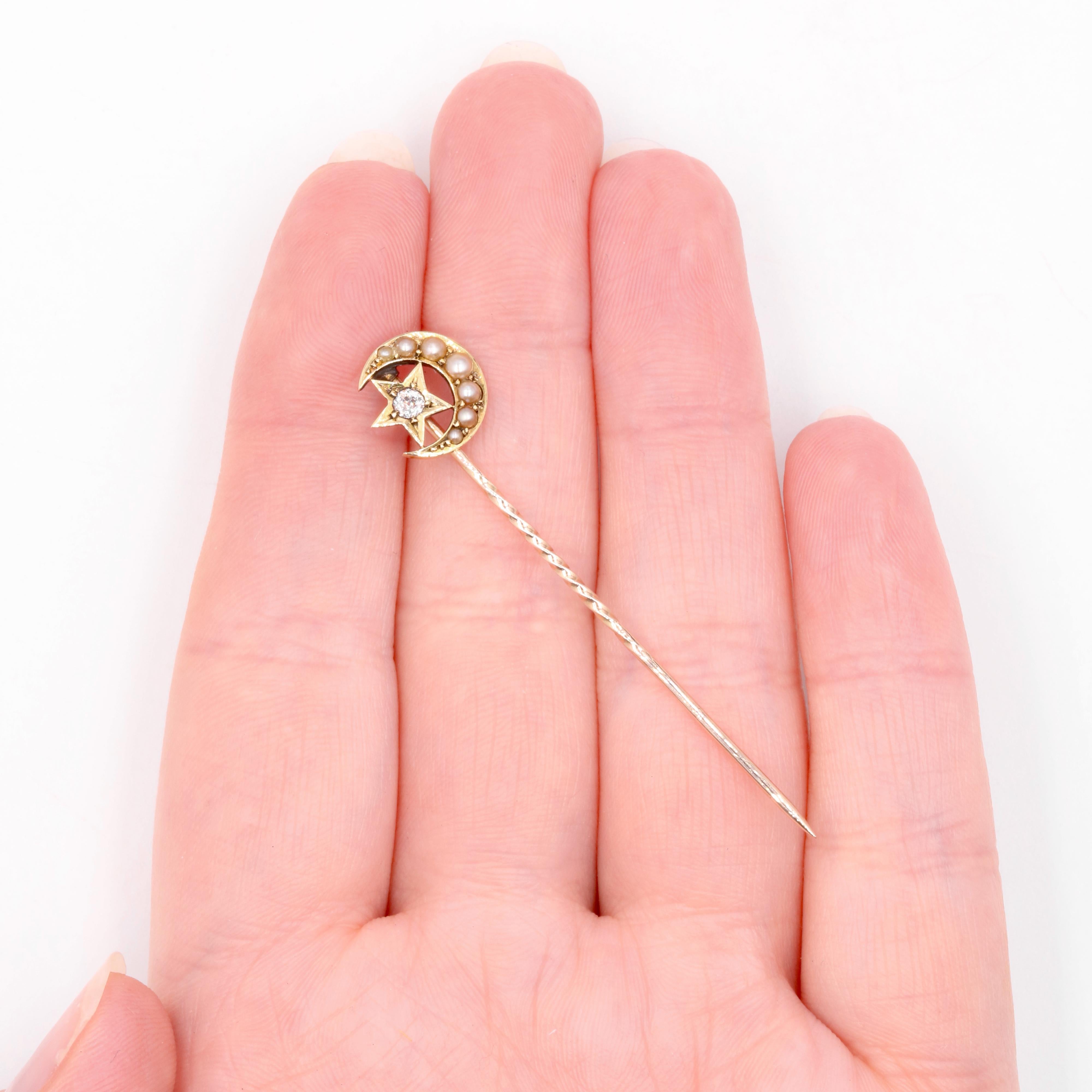 Antique Victorian 15K Yellow Gold Pearl and Diamond Moon and Star Stick Pin For Sale 5