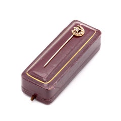 Antique Victorian 15K Yellow Gold Pearl and Diamond Moon and Star Stick Pin