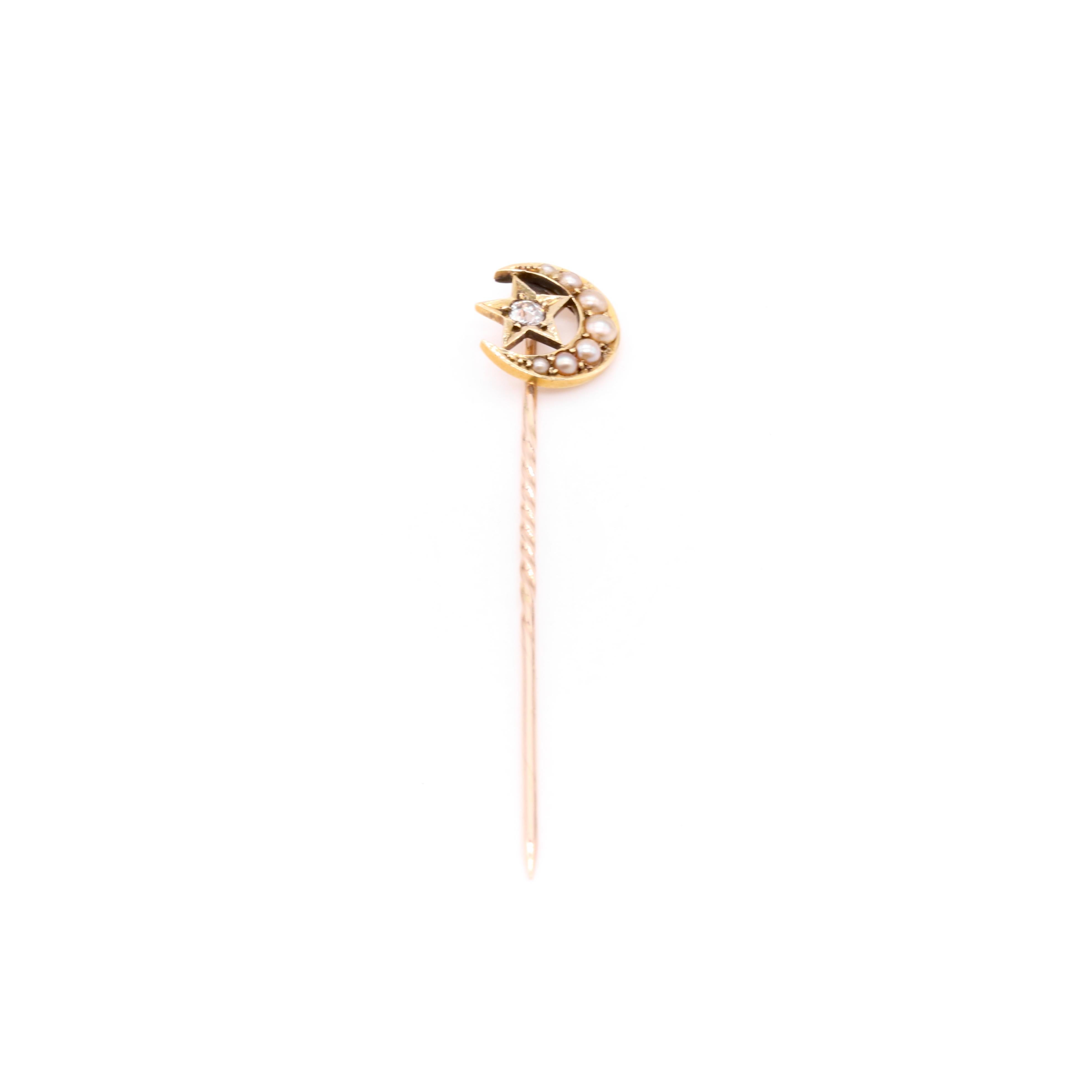 Old European Cut Antique Victorian 15K Yellow Gold Pearl and Diamond Moon and Star Stick Pin For Sale