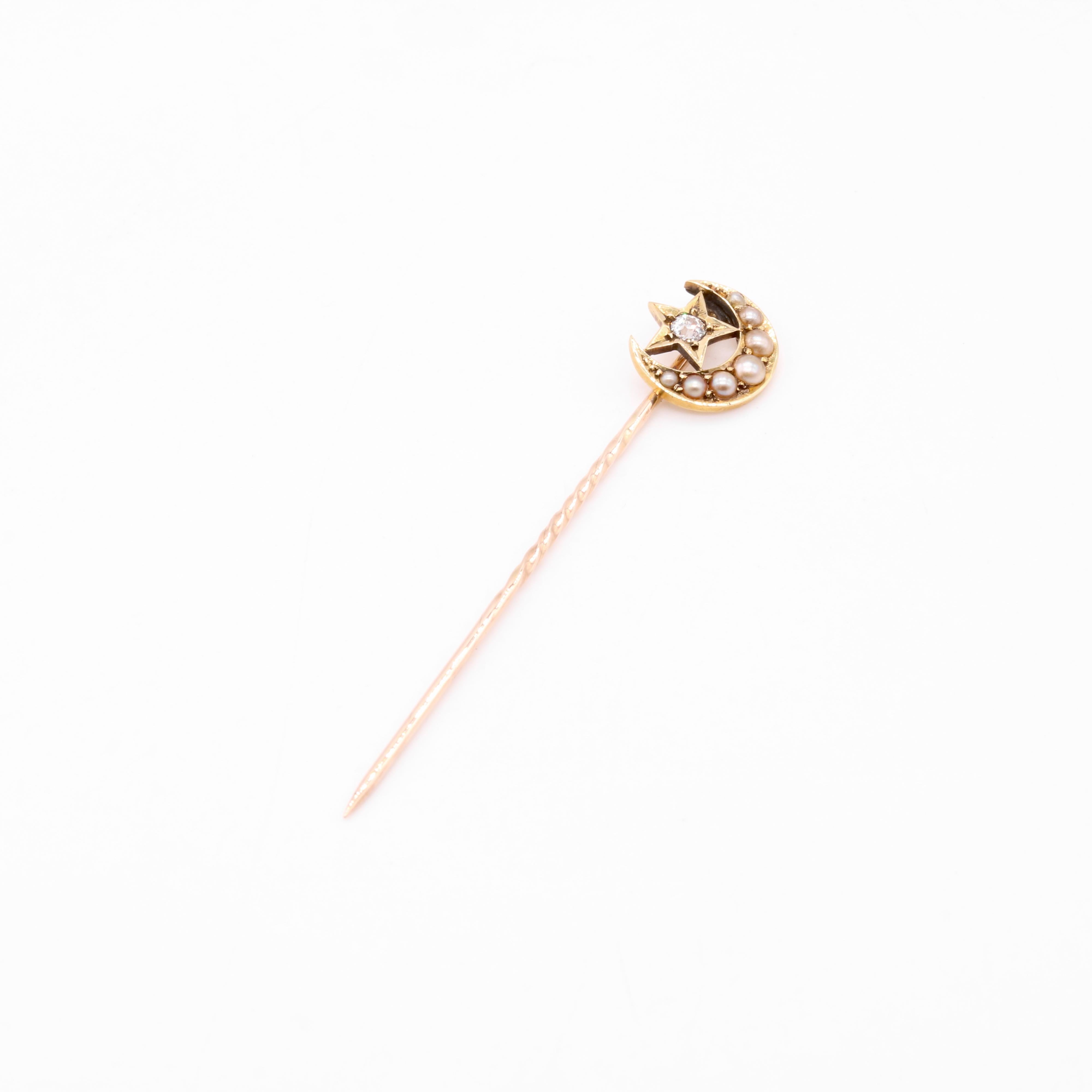 Women's or Men's Antique Victorian 15K Yellow Gold Pearl and Diamond Moon and Star Stick Pin For Sale