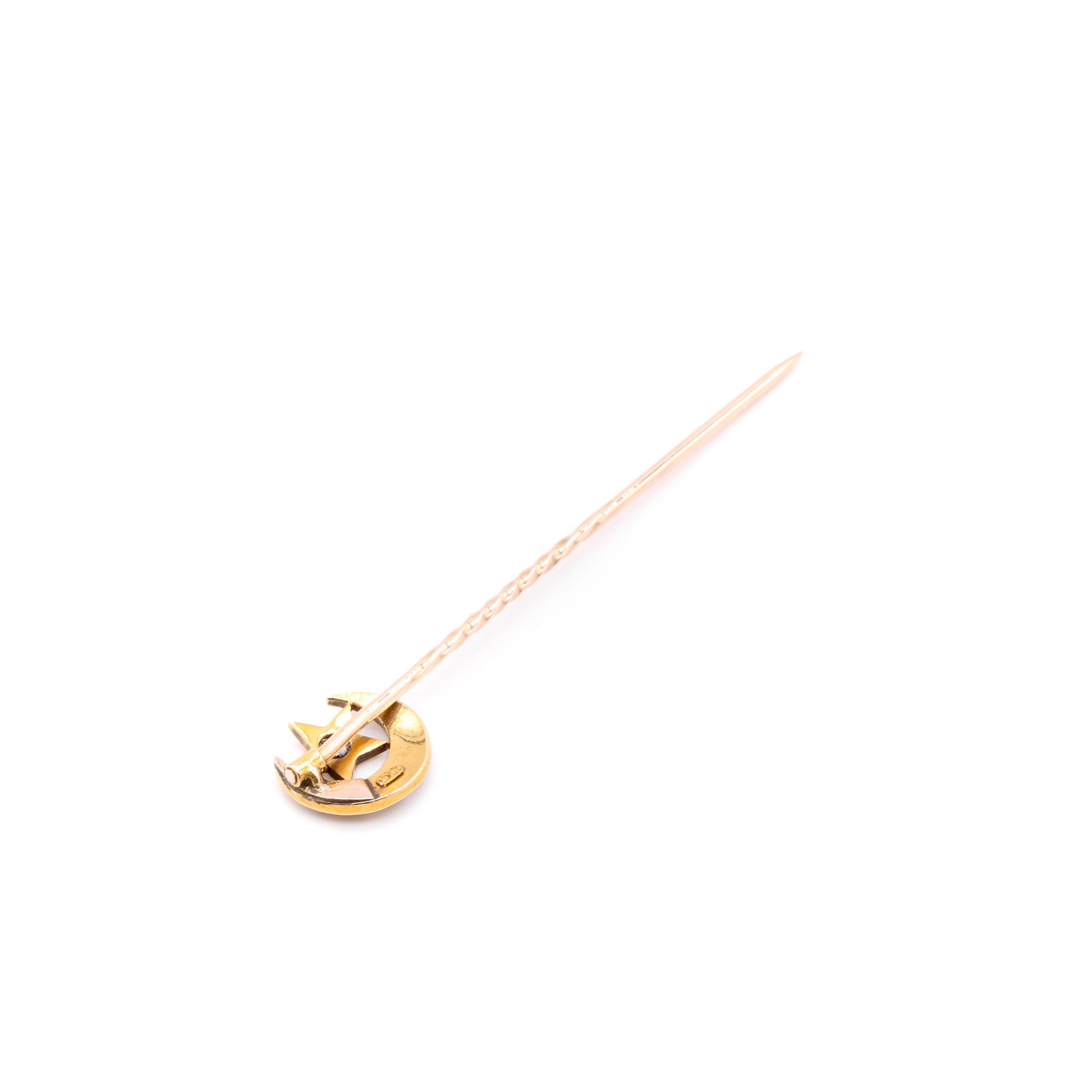 Antique Victorian 15K Yellow Gold Pearl and Diamond Moon and Star Stick Pin For Sale 3