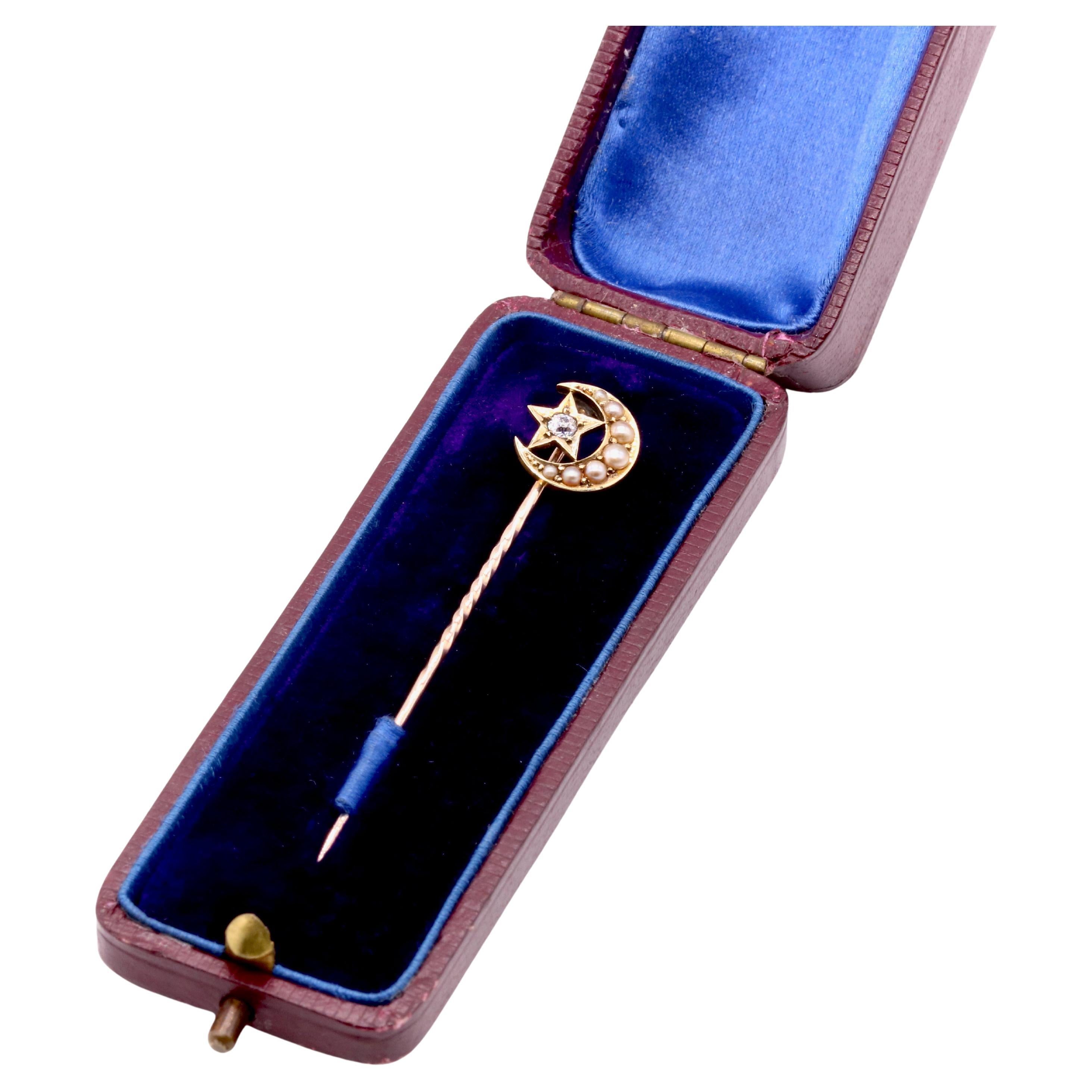 Antique Victorian 15K Yellow Gold Pearl and Diamond Moon and Star Stick Pin