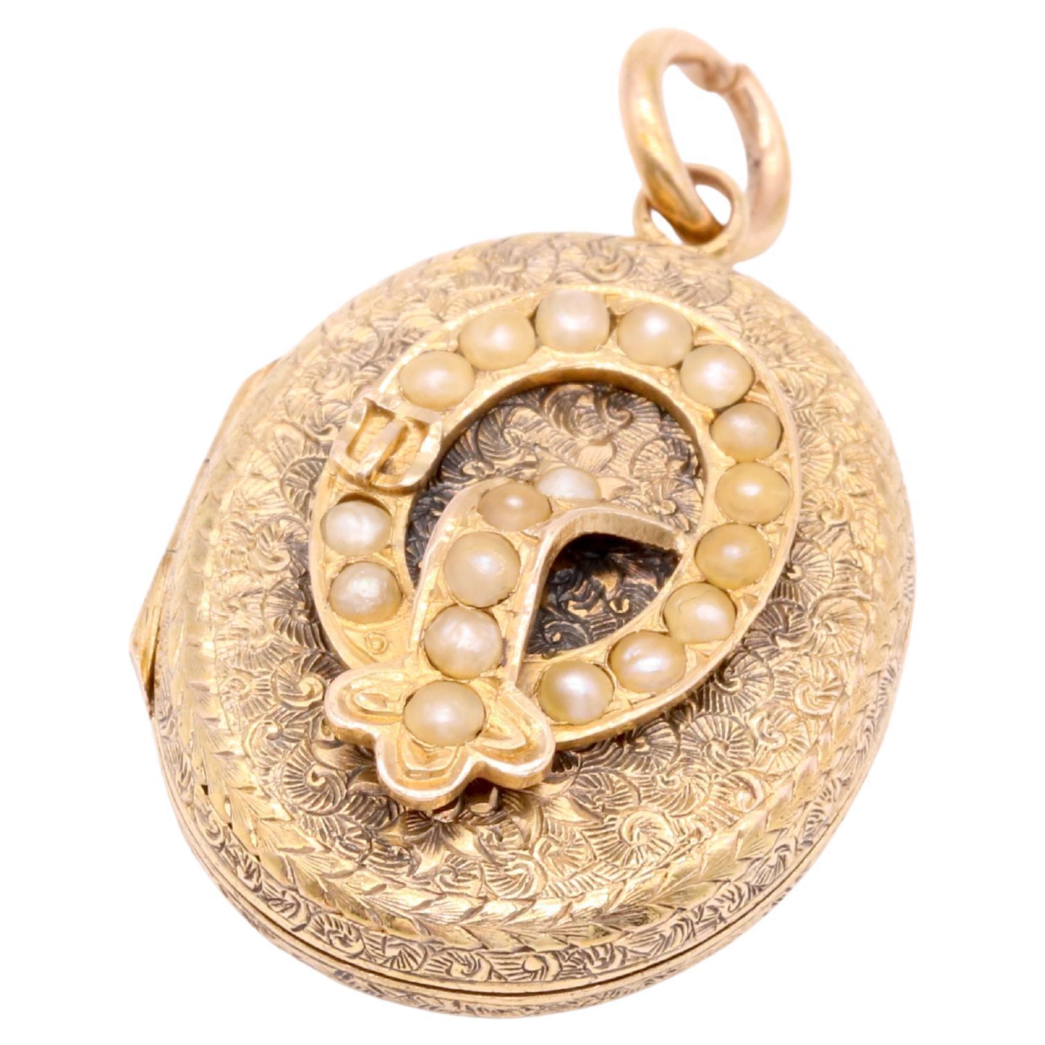 Antique Victorian 15K Yellow Gold Pearl Engraved Garter Locket