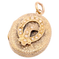 Antique Victorian 15K Yellow Gold Pearl Engraved Garter Locket
