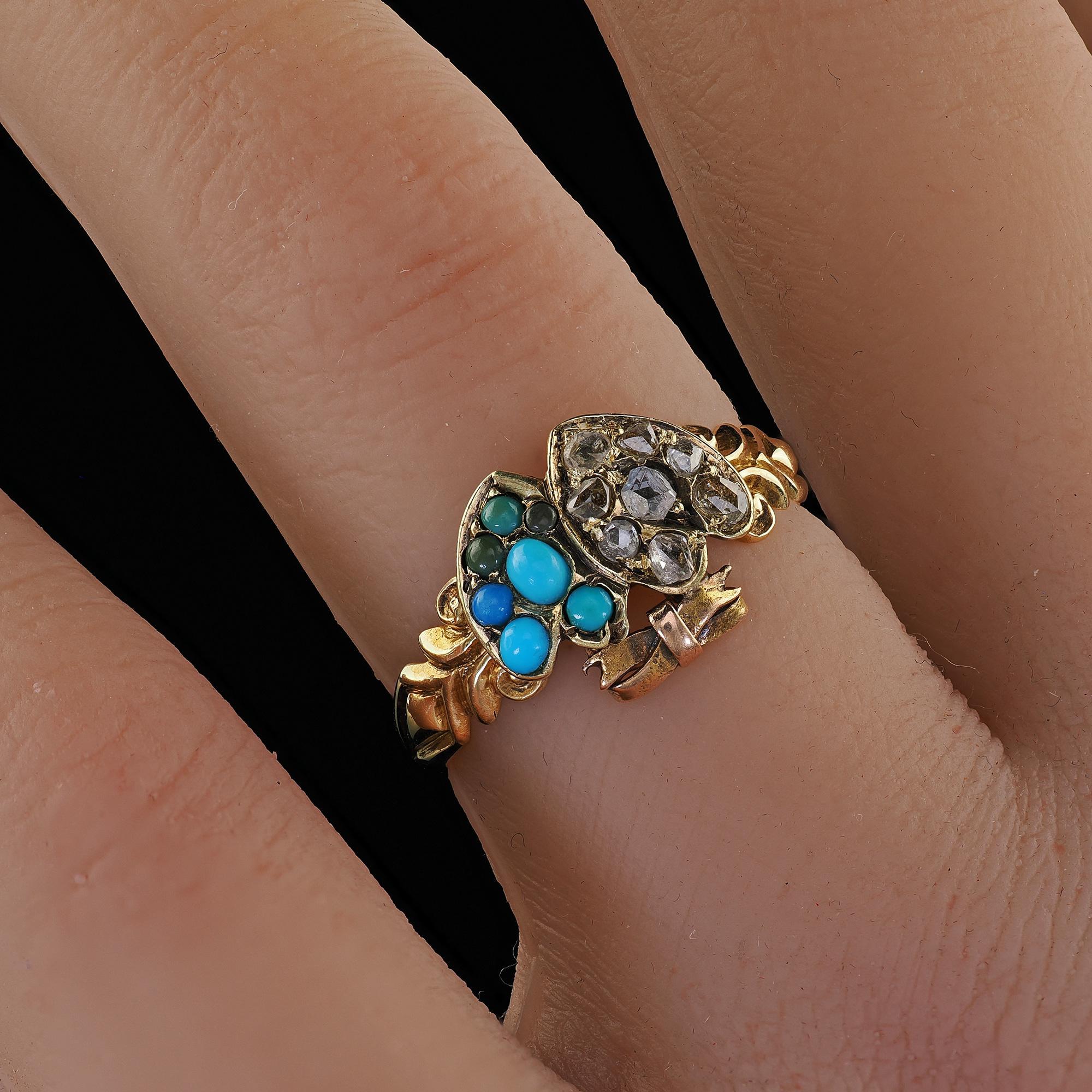 Antique Victorian 15K Yellow Gold Rose Cut Diamond Turquoise Double Heart Ring 6