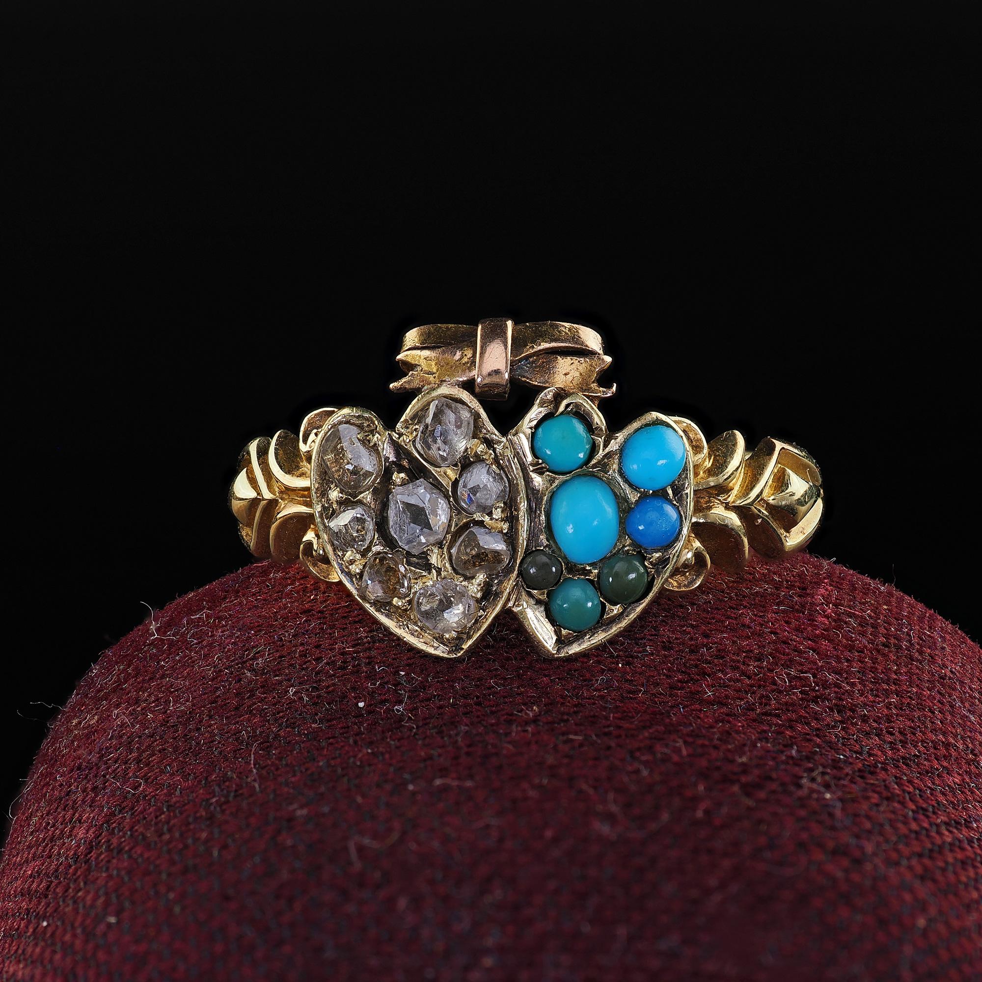 Beautiful Antique Victorian 15K Yellow Gold Rose Cut Diamond Turquoise Double Heart Ring. This beautiful Victorian diamond and turquoise double heart ring is crafted in 15k yellow gold. This gorgeous ring features two combined hearts together. One