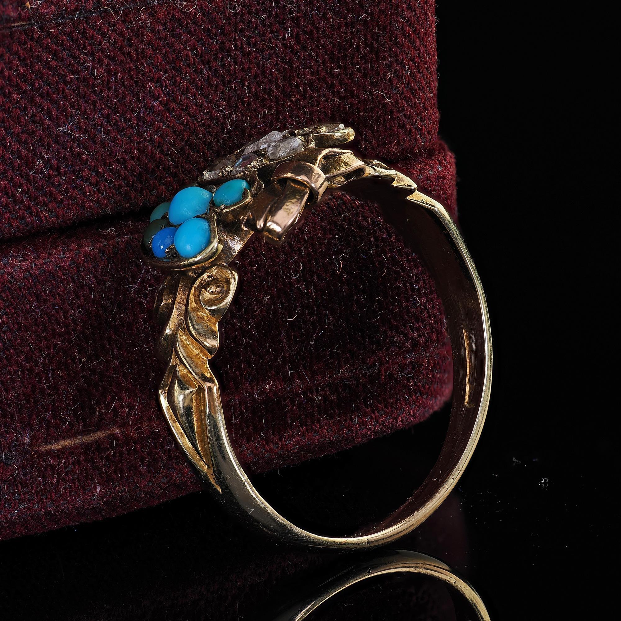 Antique Victorian 15K Yellow Gold Rose Cut Diamond Turquoise Double Heart Ring In Good Condition In Great Neck, NY