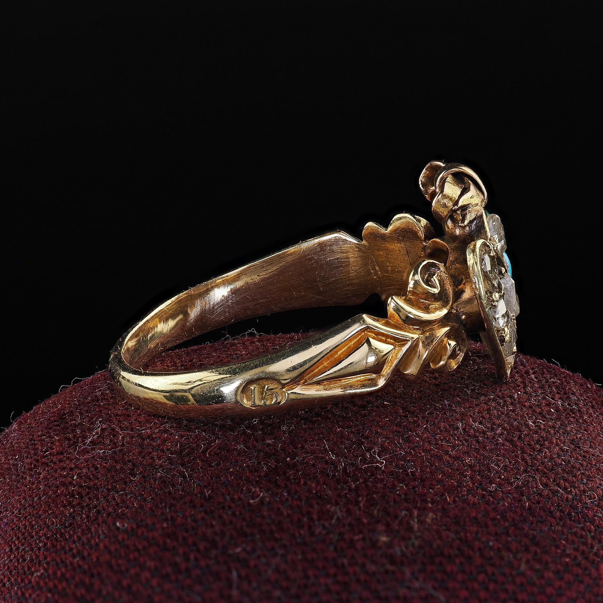 Women's Antique Victorian 15K Yellow Gold Rose Cut Diamond Turquoise Double Heart Ring